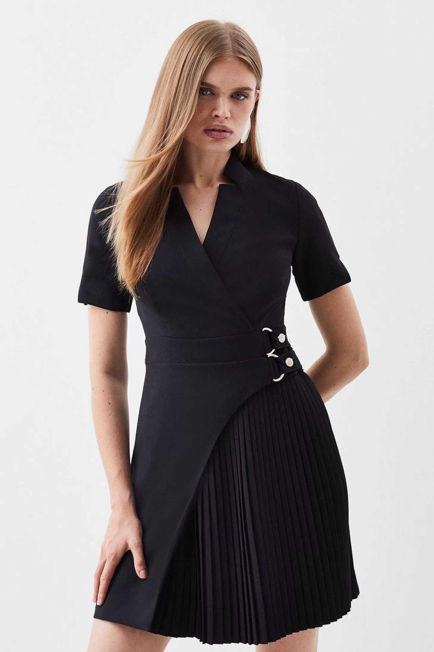 Karen Millen Tailored Military Pleat Notch Neck Wrap Mini Dress