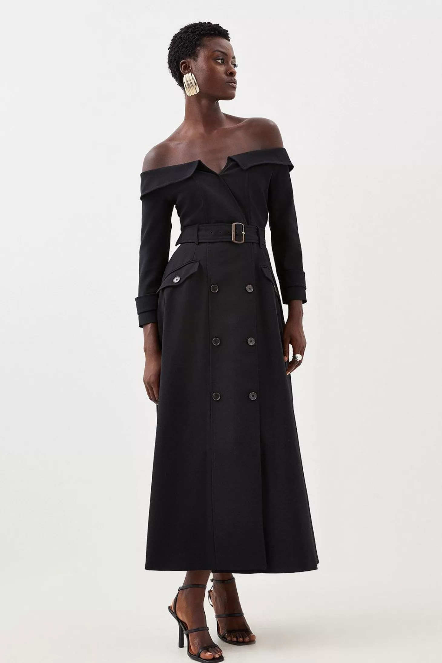Karen Millen Tailored Off Shoulder Belted Double Breasted Pocket Detail Dress