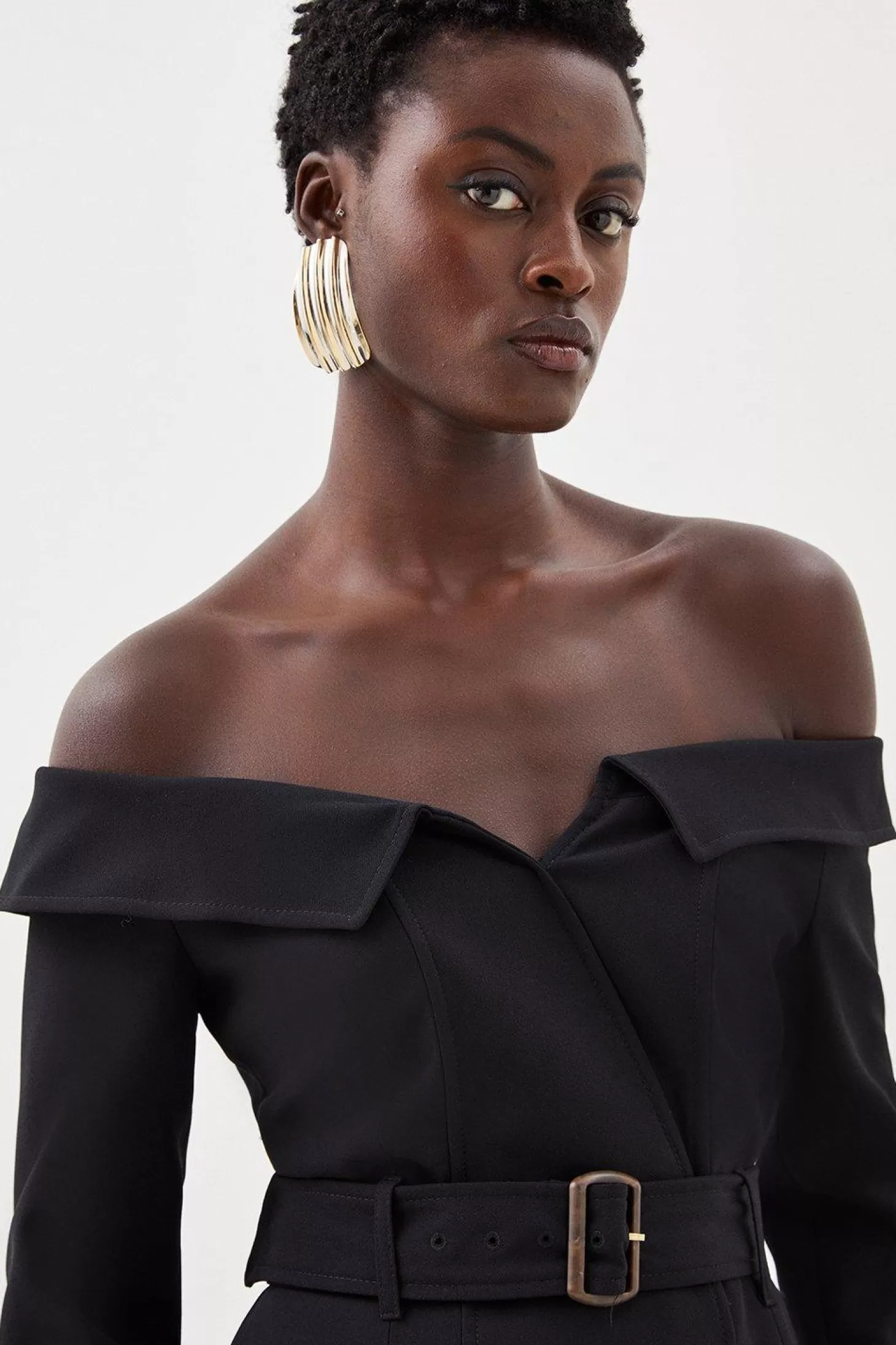 Karen Millen Tailored Off Shoulder Belted Double Breasted Pocket Detail Dress