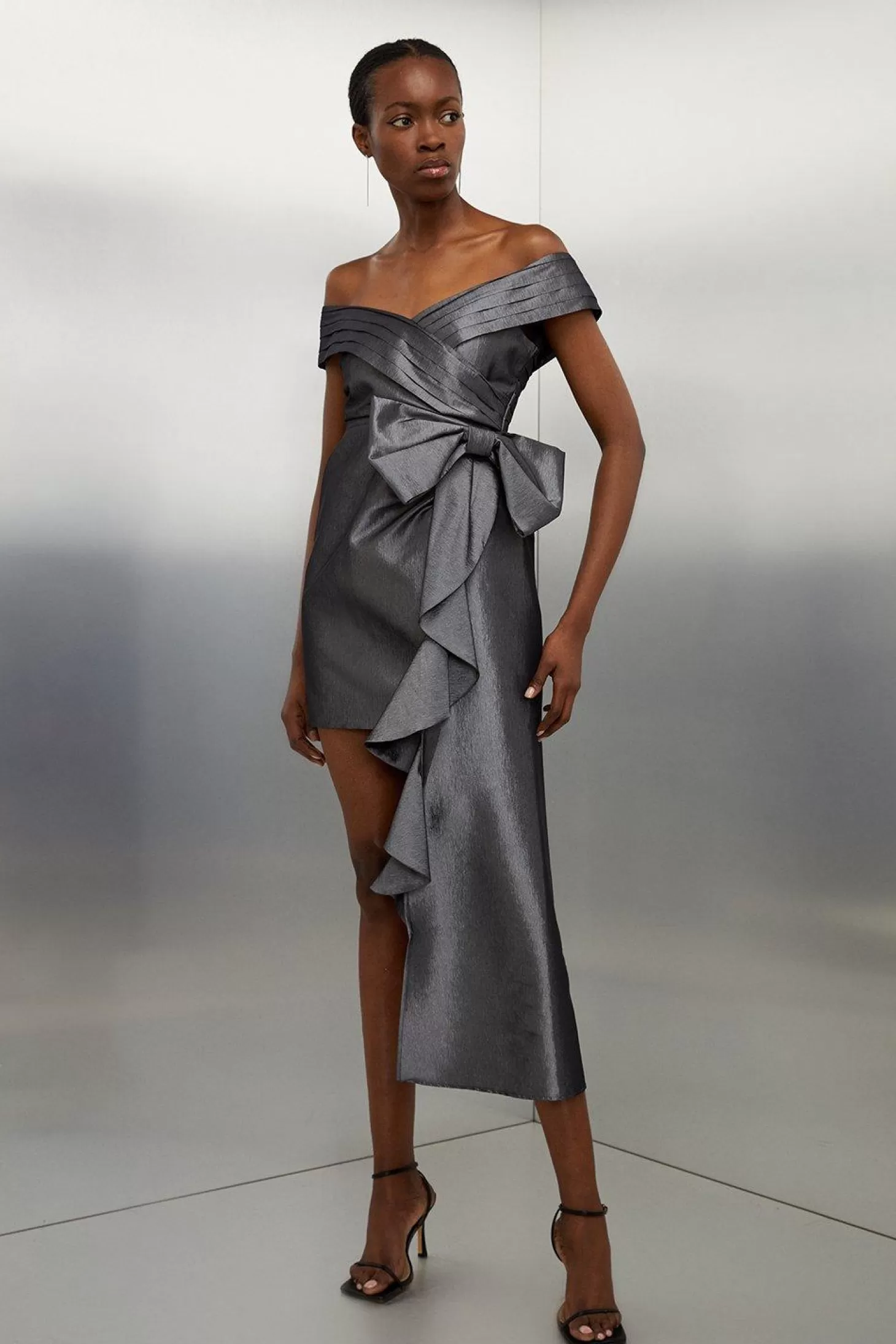 Karen Millen Tailored Off Shoulder Metallic Bow Drape Detail Mini Dress