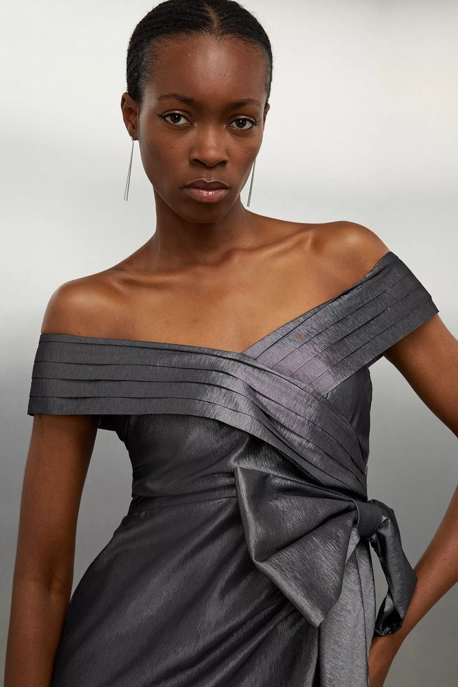 Karen Millen Tailored Off Shoulder Metallic Bow Drape Detail Mini Dress