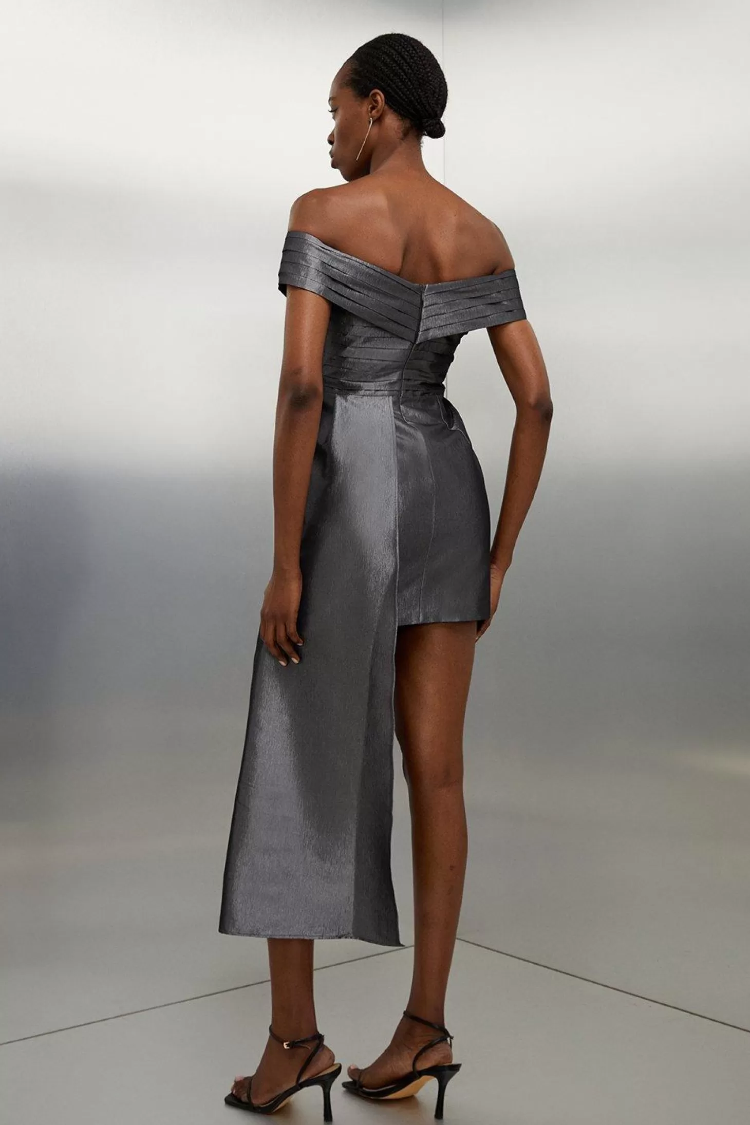 Karen Millen Tailored Off Shoulder Metallic Bow Drape Detail Mini Dress