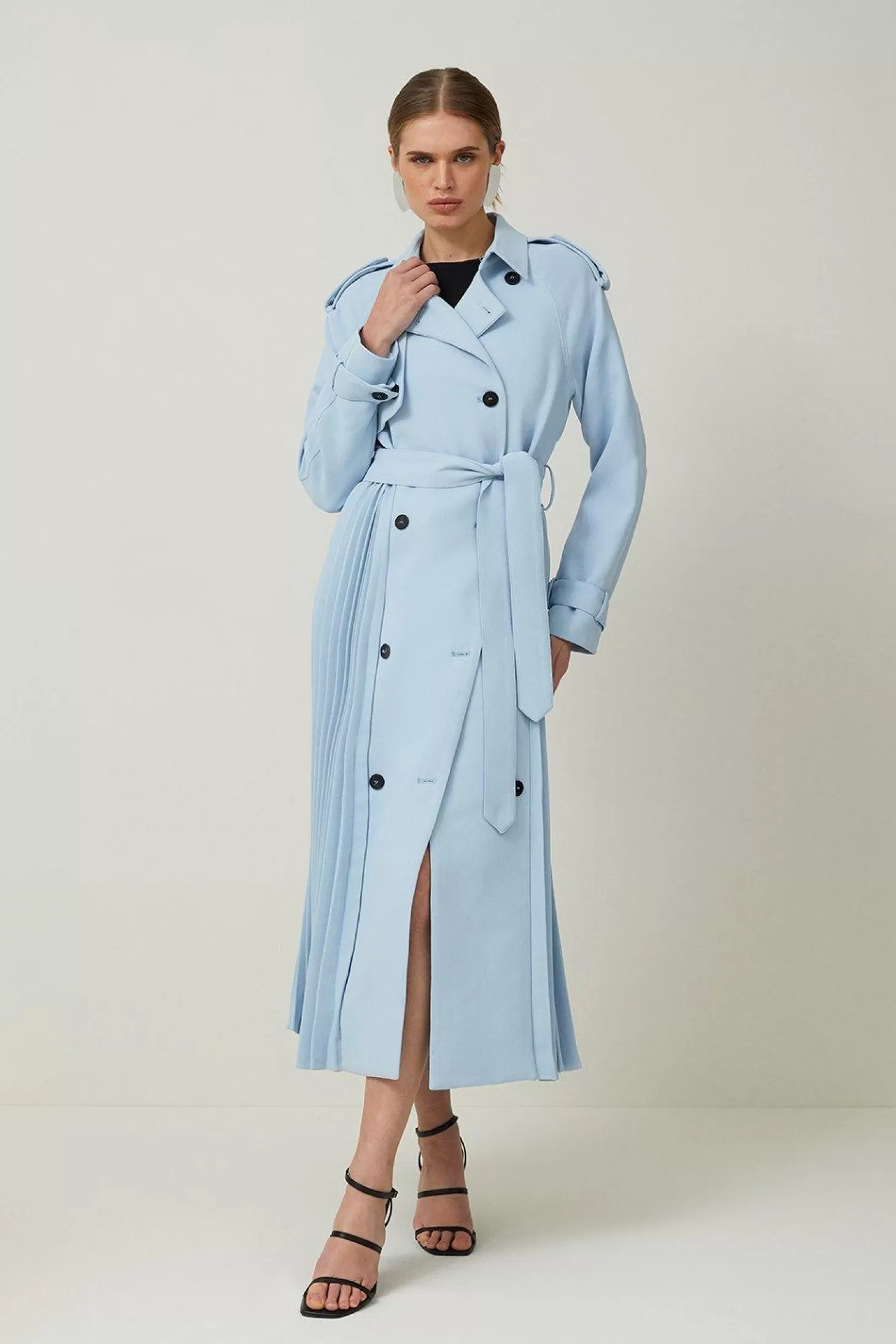 Karen Millen Tailored Pleat Detail Belted Trench Coat