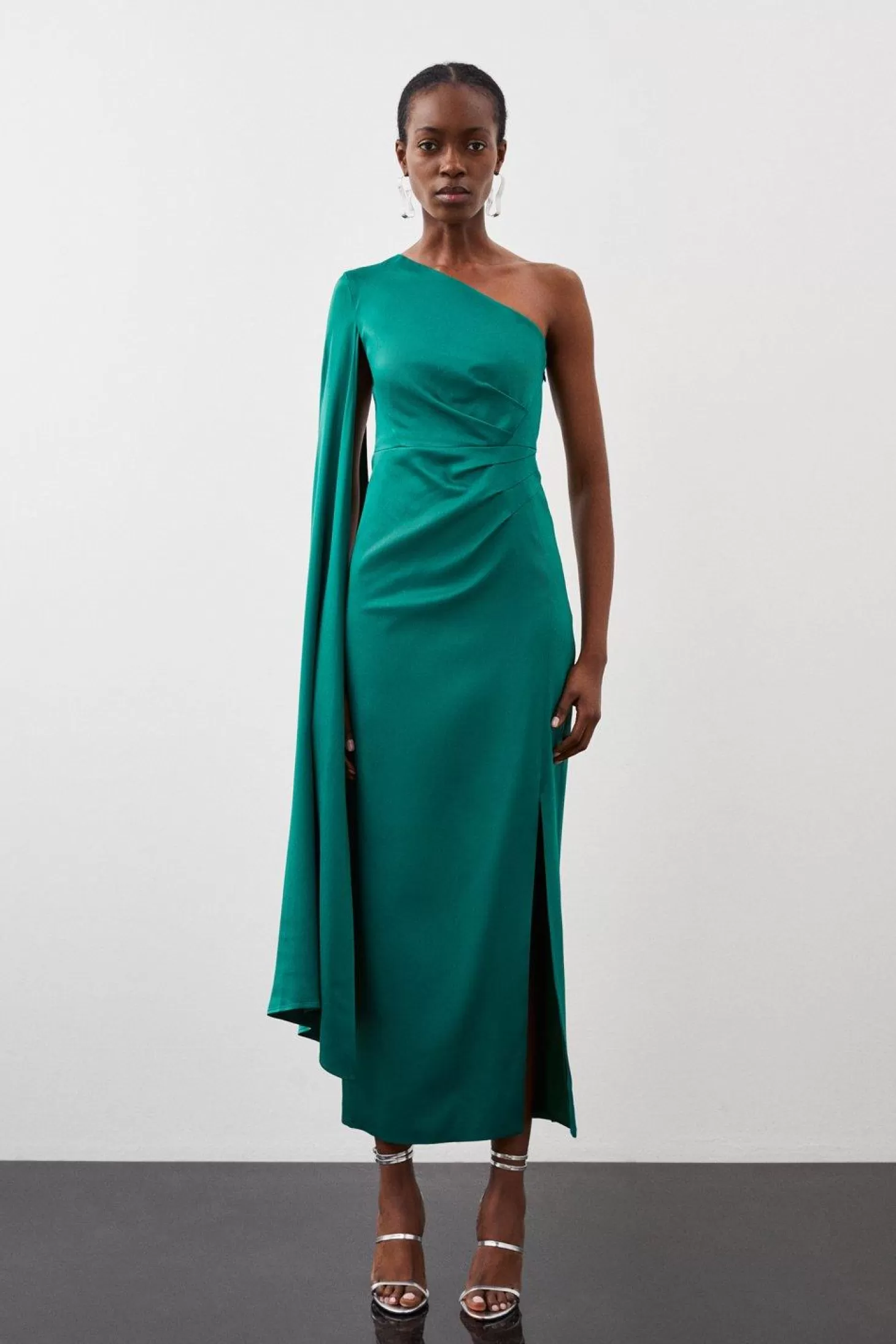 Karen Millen Tailored Satin Back Crepe Drape One Shoulder Maxi Dress