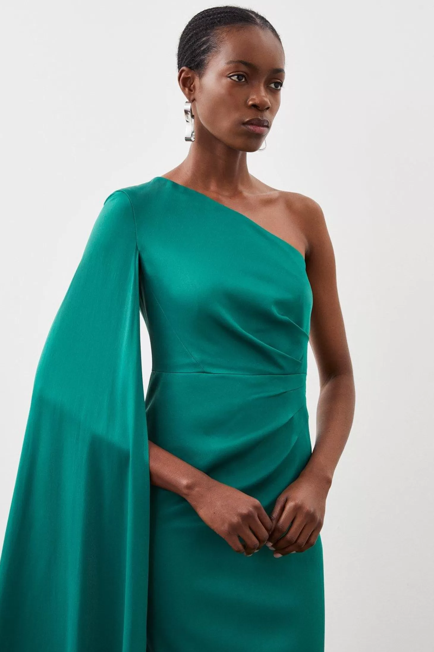 Karen Millen Tailored Satin Back Crepe Drape One Shoulder Maxi Dress