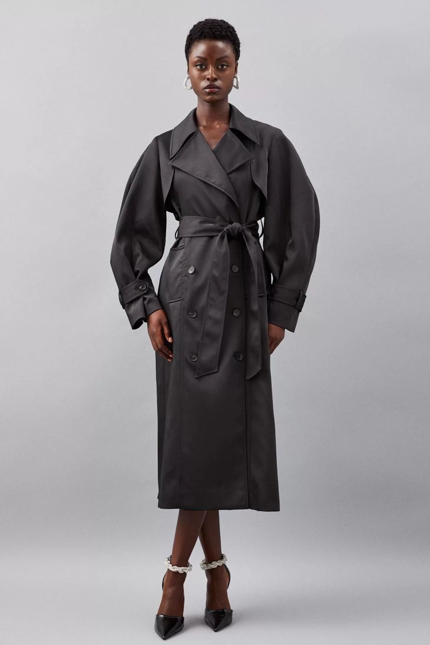 Karen Millen Tailored Satin Maxi Belted Trench Coat