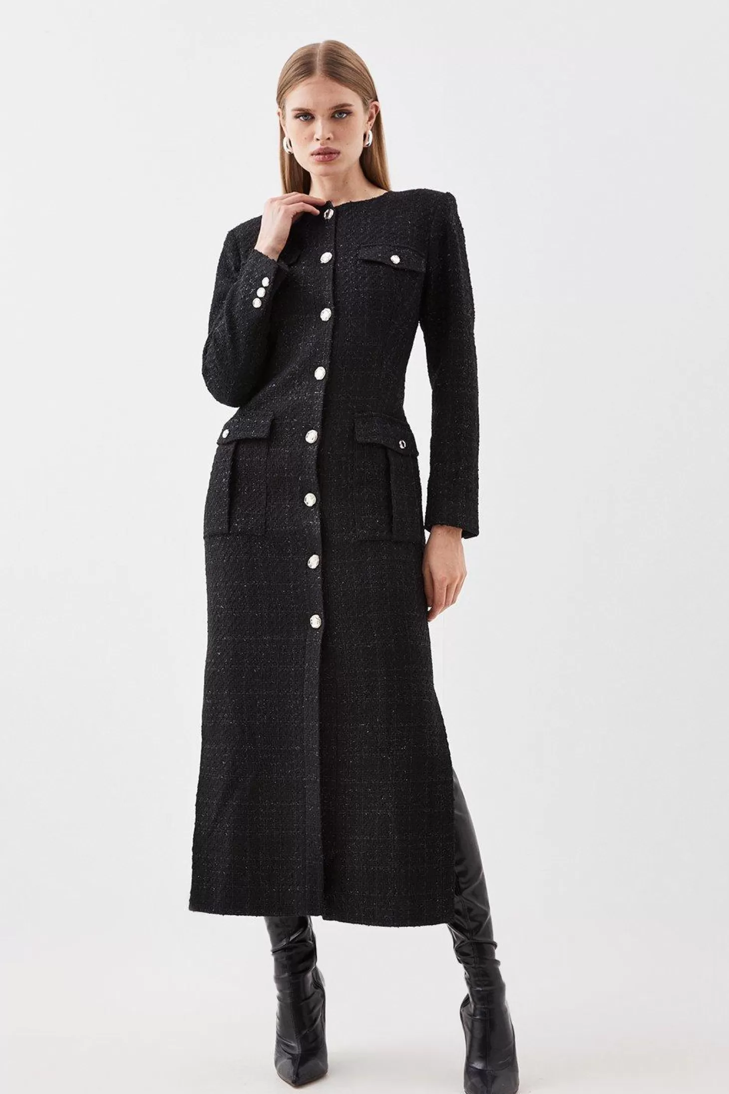 Karen Millen Tailored Sparkle Boucle Pocket Detail Long Sleeve Midi Dress
