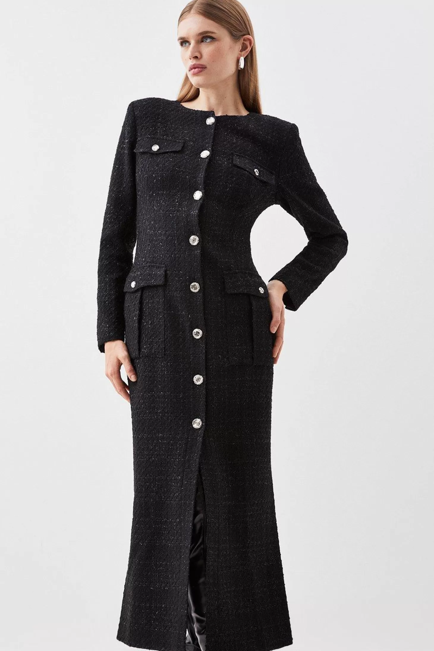 Karen Millen Tailored Sparkle Boucle Pocket Detail Long Sleeve Midi Dress