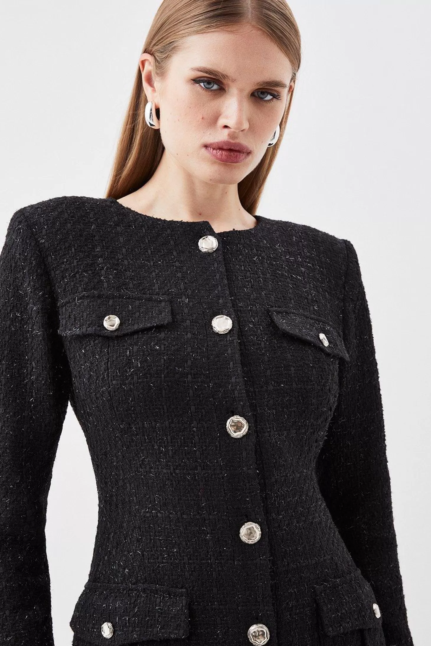 Karen Millen Tailored Sparkle Boucle Pocket Detail Long Sleeve Midi Dress