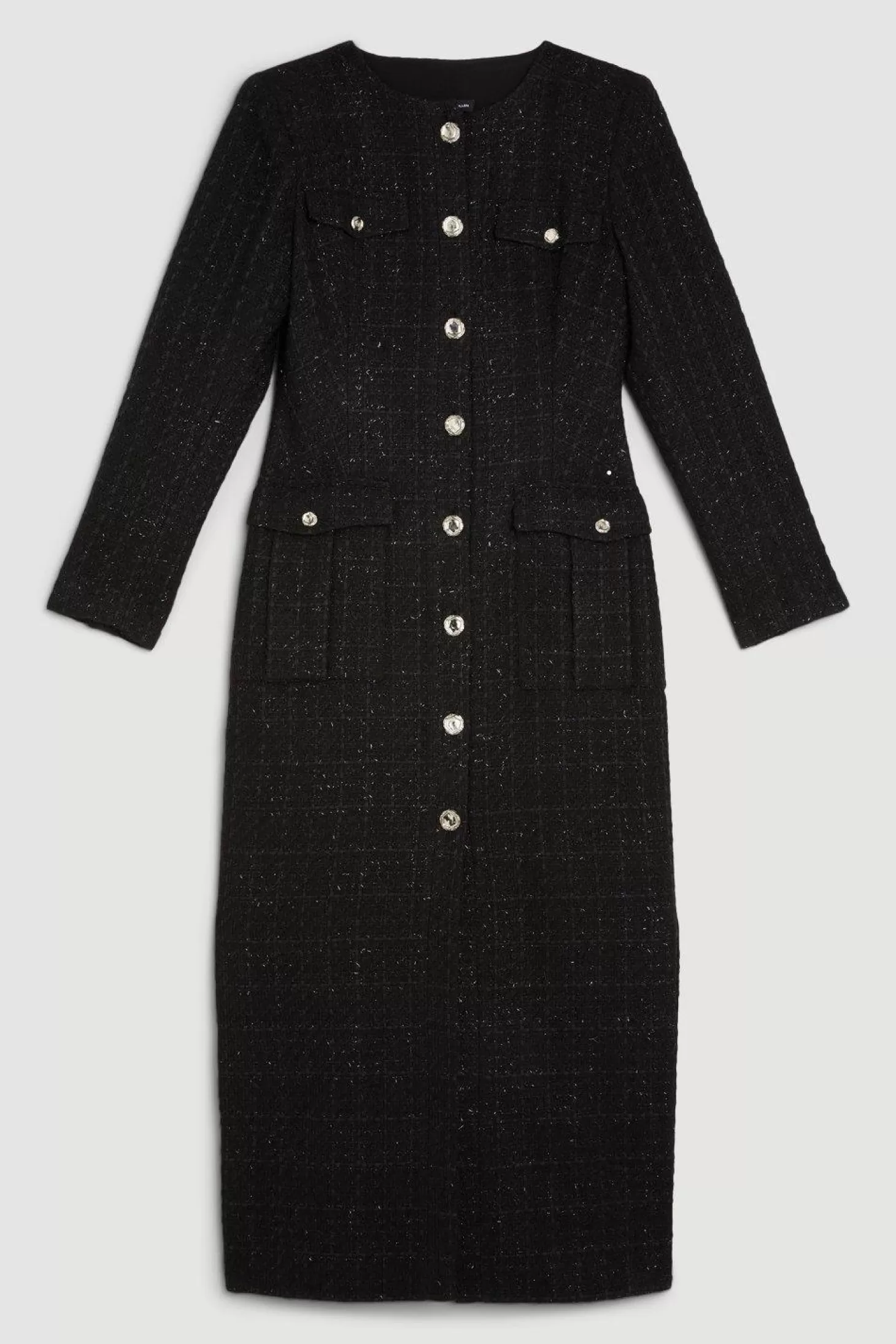 Karen Millen Tailored Sparkle Boucle Pocket Detail Long Sleeve Midi Dress