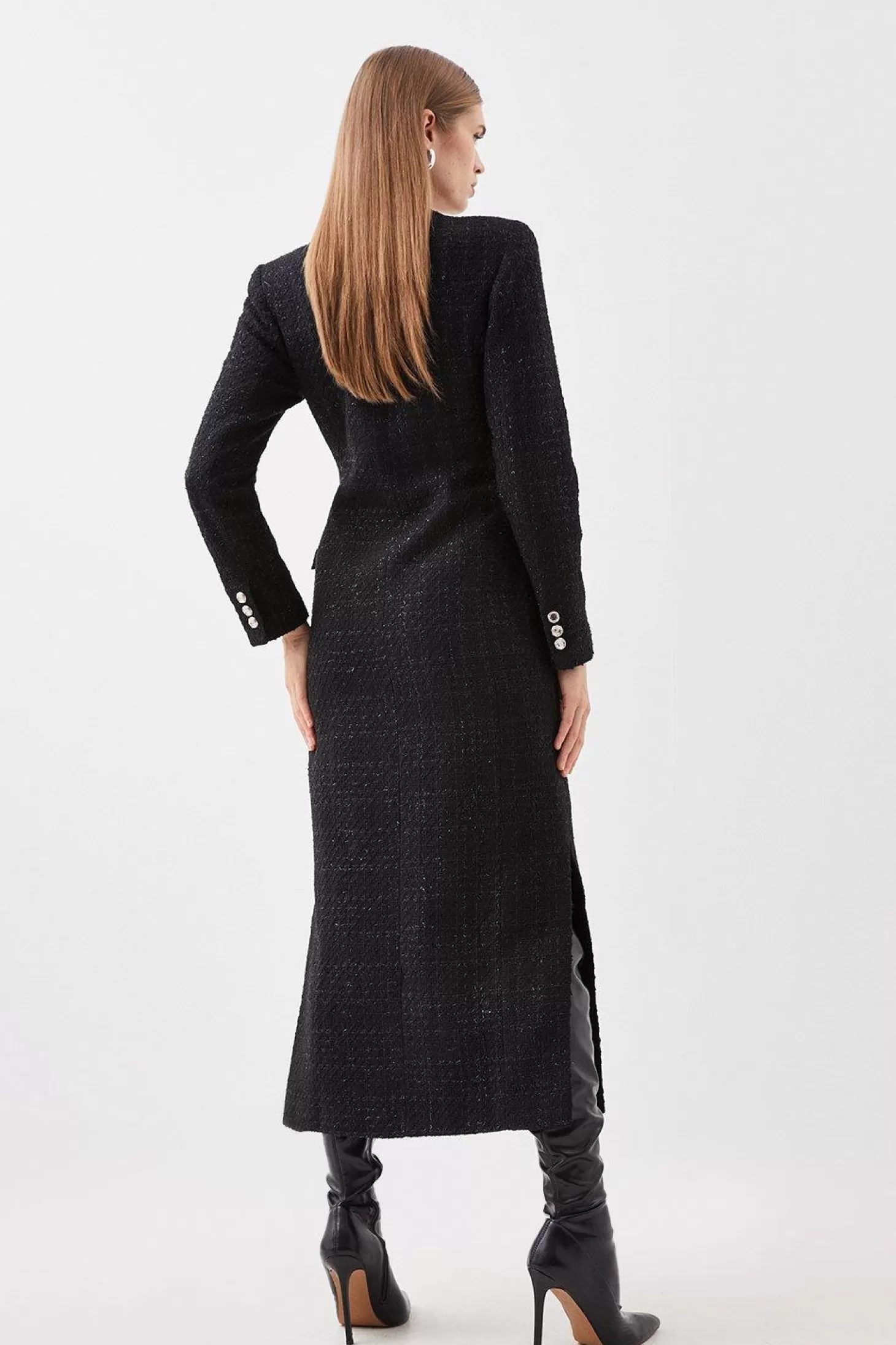 Karen Millen Tailored Sparkle Boucle Pocket Detail Long Sleeve Midi Dress