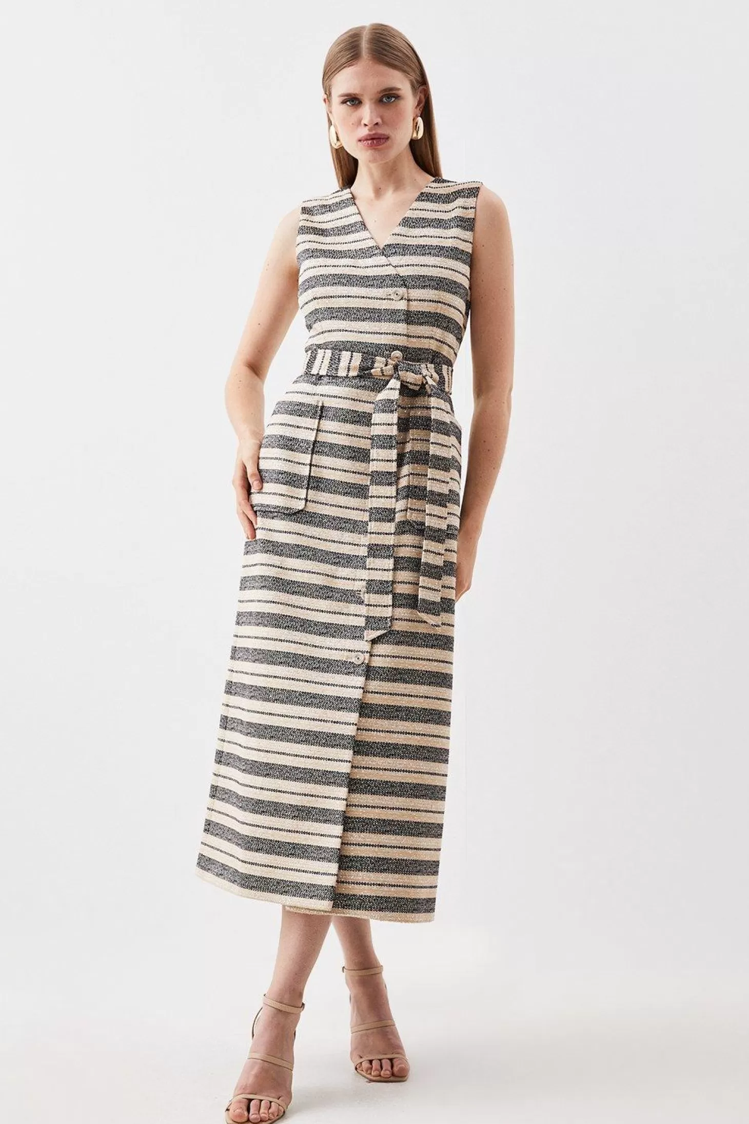 Karen Millen Tailored Striped Tweed Belted Sleeveless Midi Dress