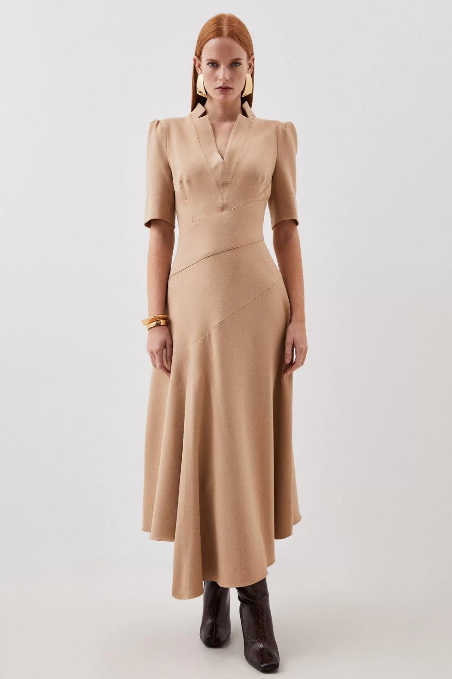 Karen Millen Tailored Structured Crepe Forever Drape Detail Short Sleeve Midi Dress