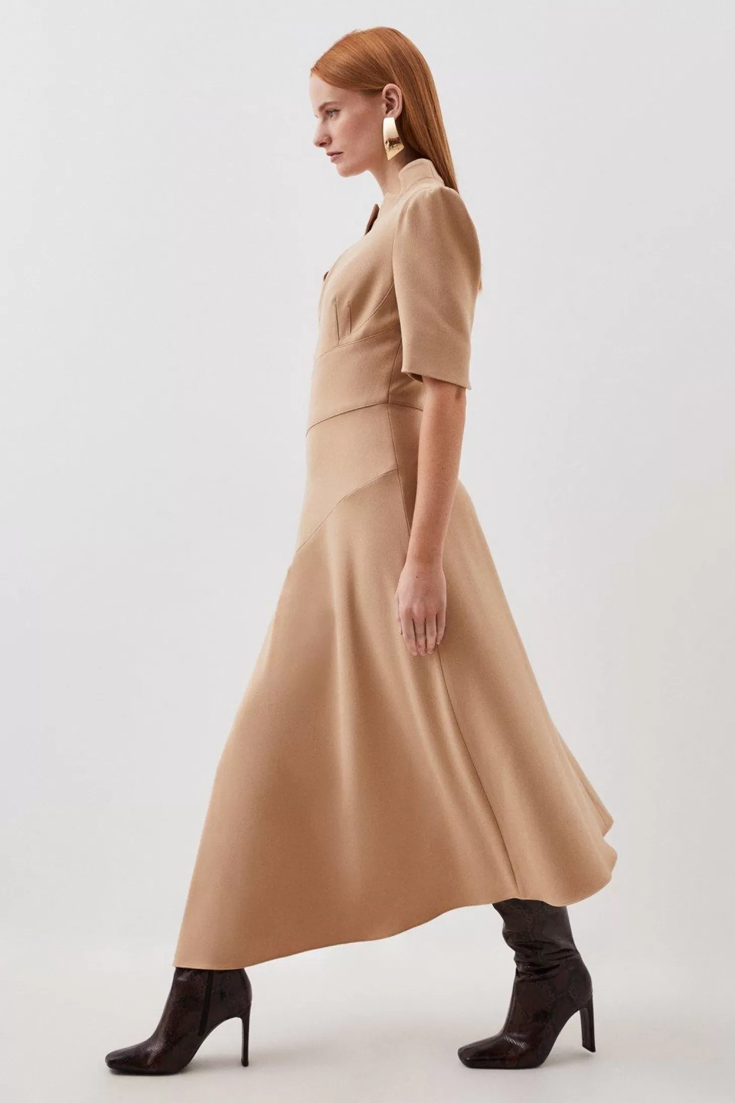 Karen Millen Tailored Structured Crepe Forever Drape Detail Short Sleeve Midi Dress