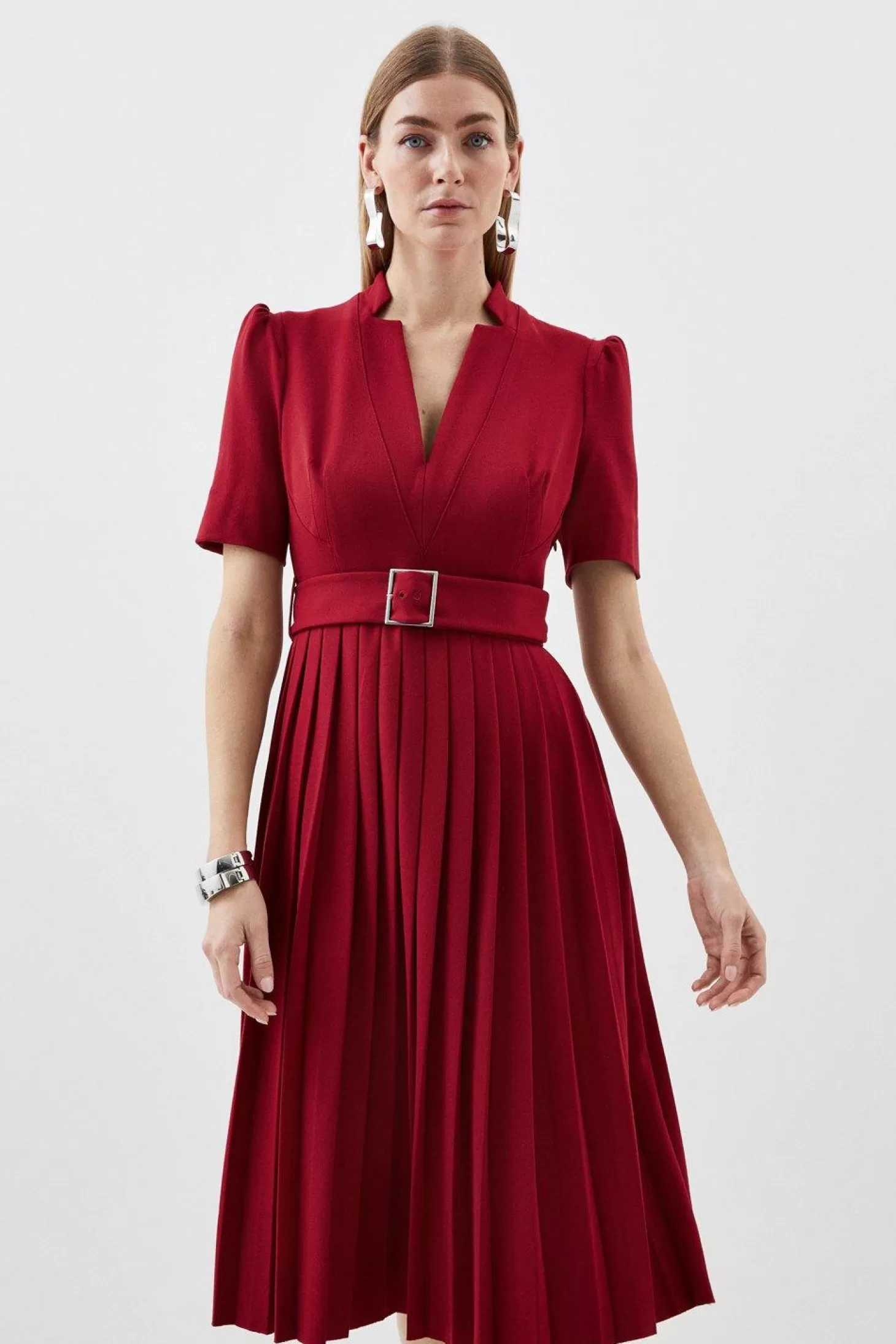 Karen Millen Tailored Structured Crepe Forever Pleat Belted Midi Dress