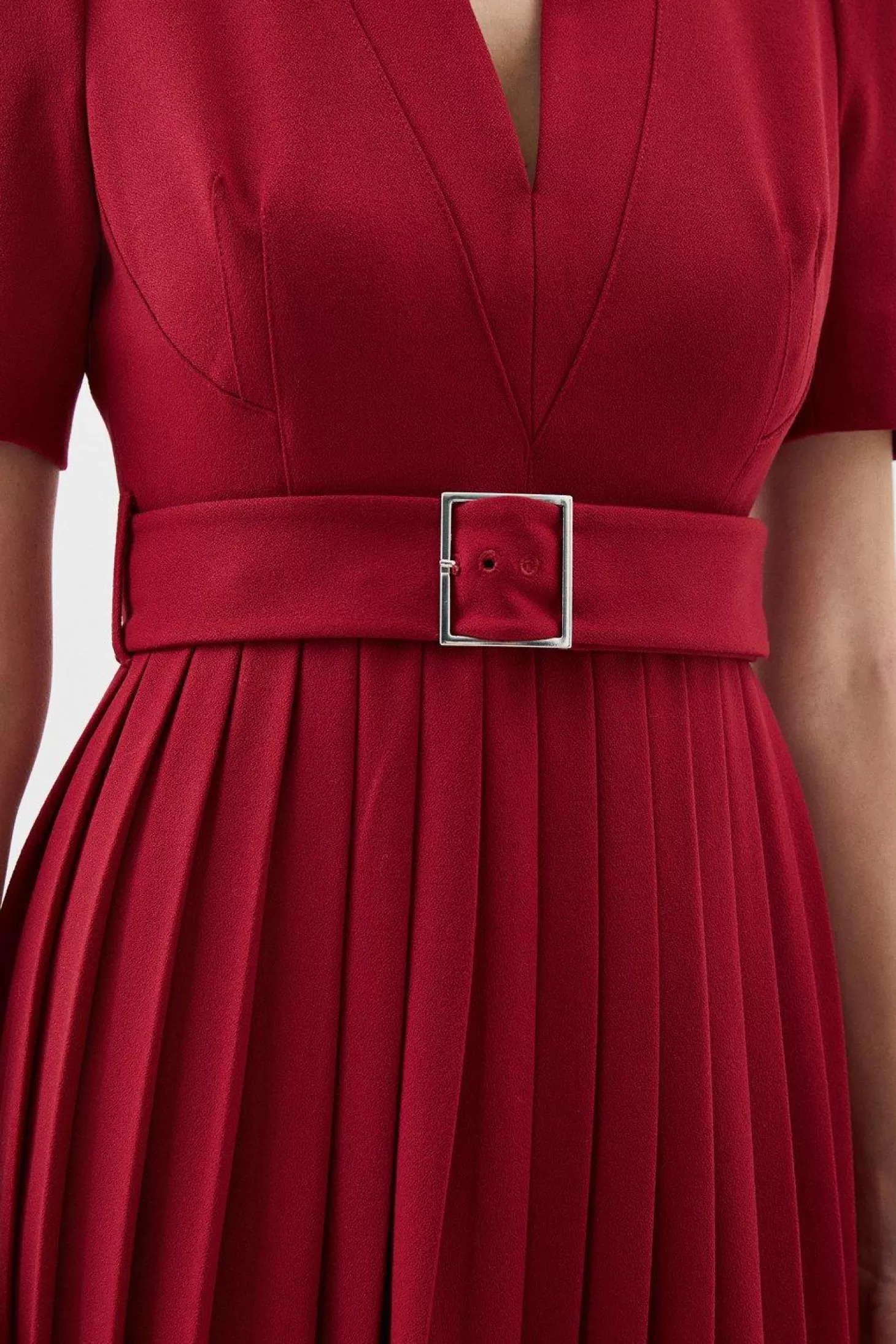 Karen Millen Tailored Structured Crepe Forever Pleat Belted Midi Dress