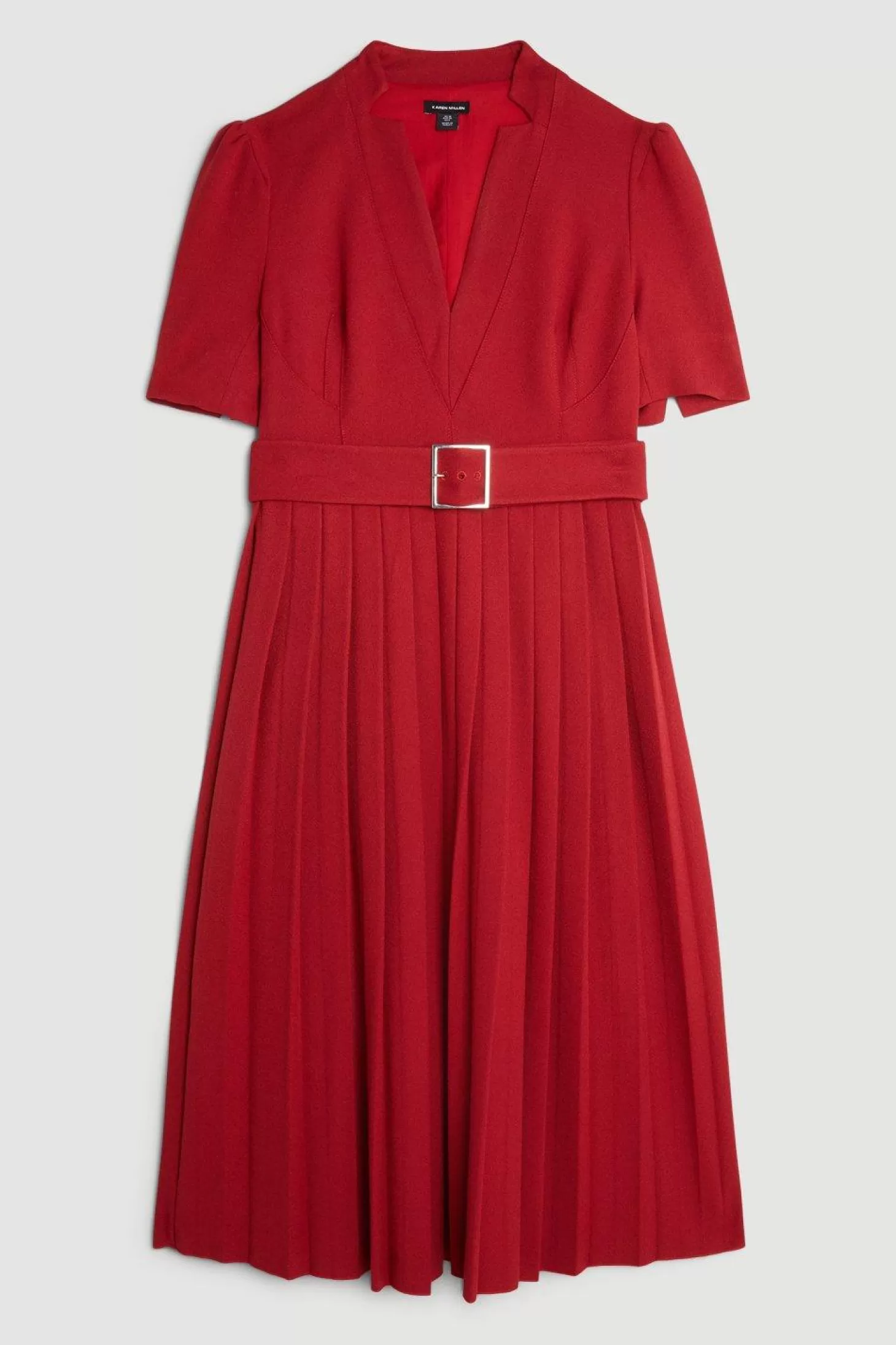 Karen Millen Tailored Structured Crepe Forever Pleat Belted Midi Dress