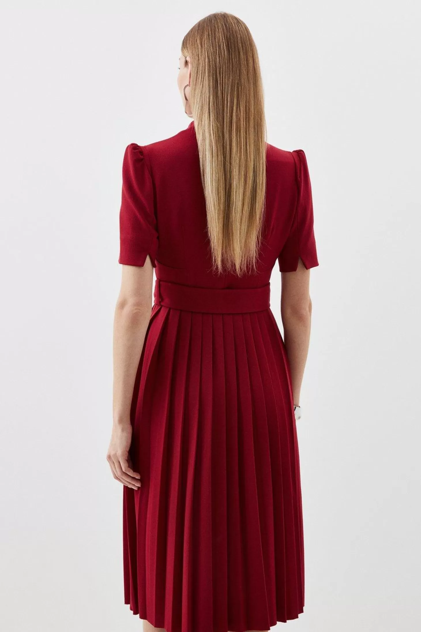 Karen Millen Tailored Structured Crepe Forever Pleat Belted Midi Dress