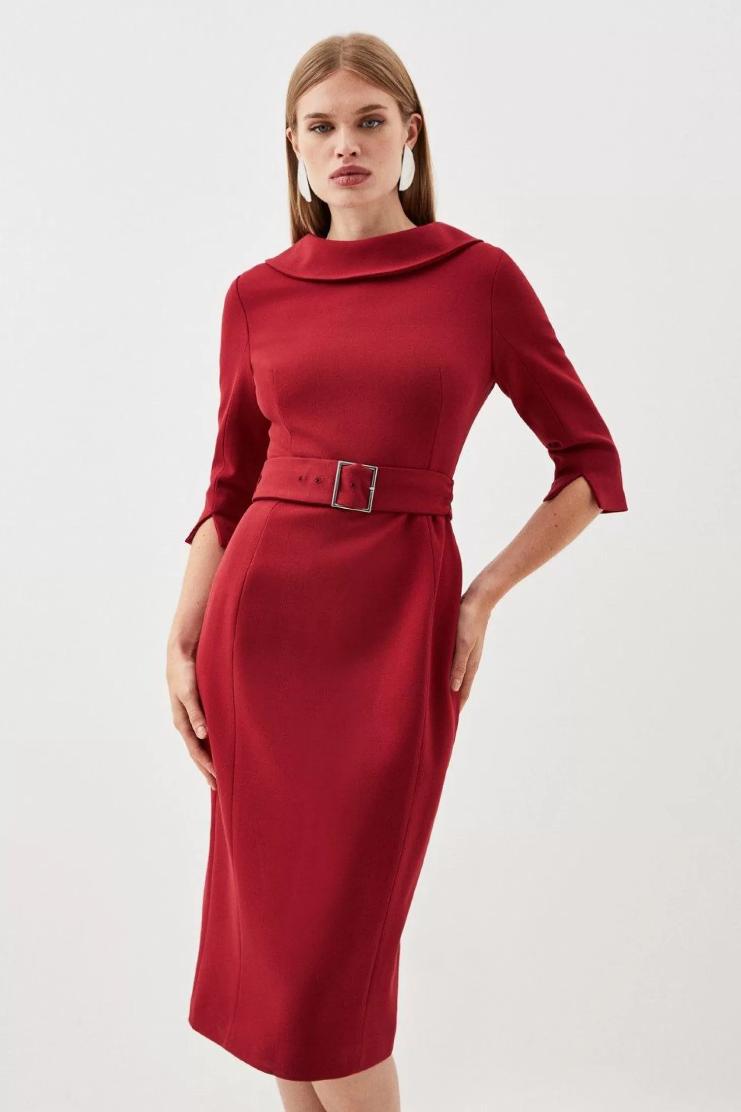 Karen Millen Tailored Structured Crepe Turtleneck Belted Midi Dress