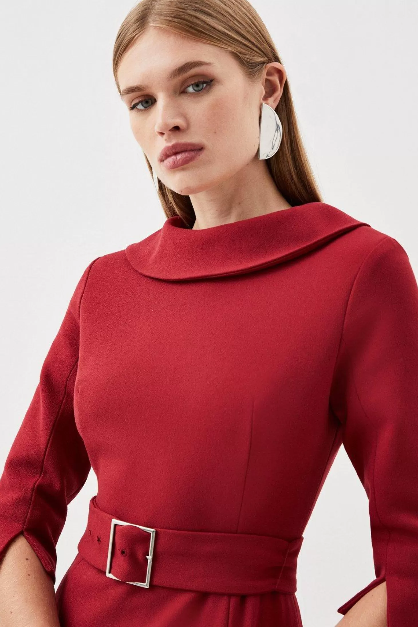 Karen Millen Tailored Structured Crepe Turtleneck Belted Midi Dress