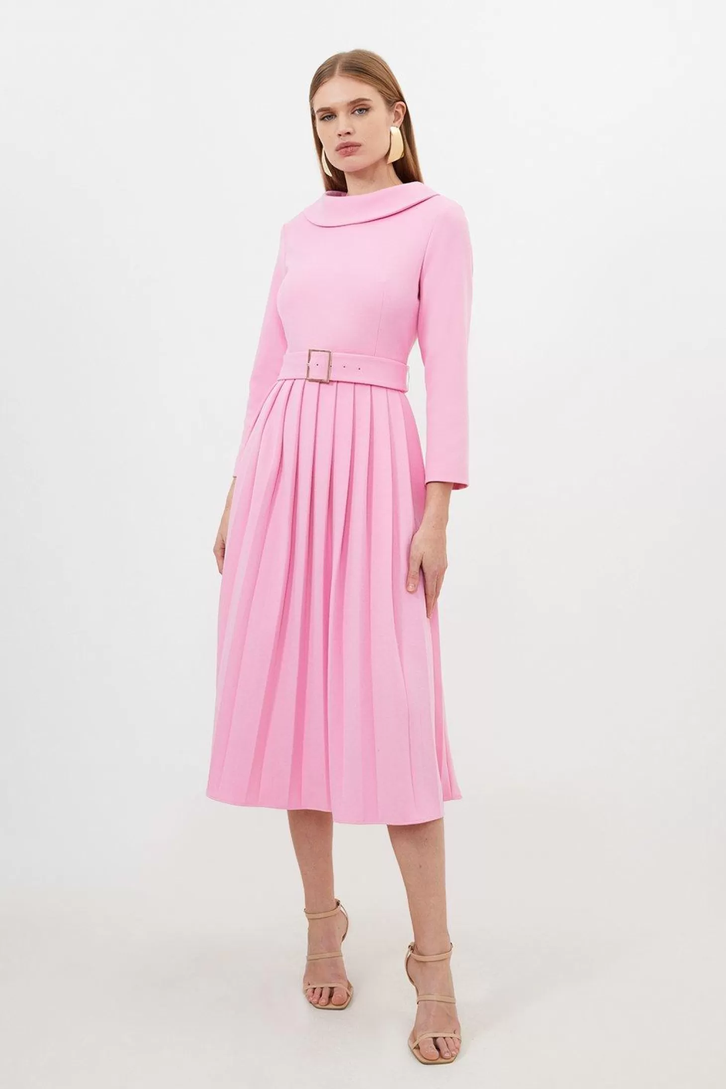 Karen Millen Tailored Structured Crepe Turtleneck Pleated Midi Dress