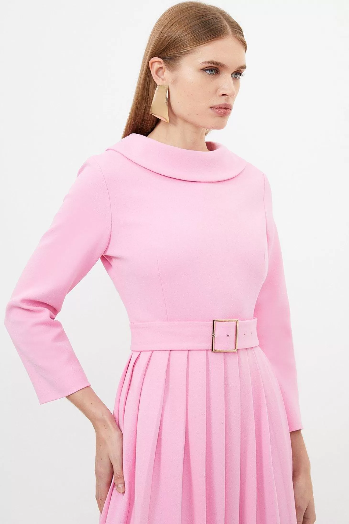 Karen Millen Tailored Structured Crepe Turtleneck Pleated Midi Dress