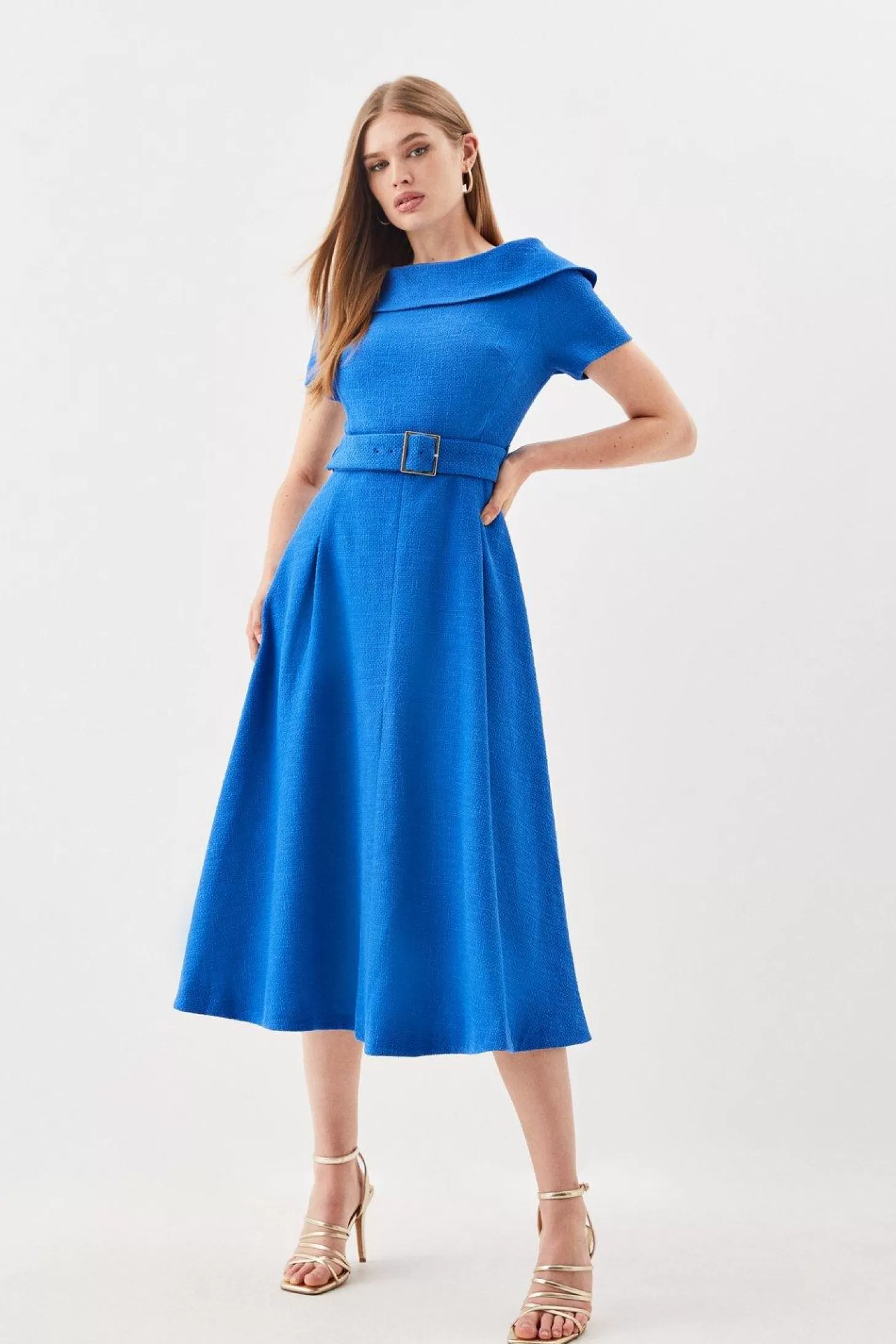 Karen Millen Tailored Turtleneck Tweed Off The Shoulder Belted Full Skirt Midi Dress