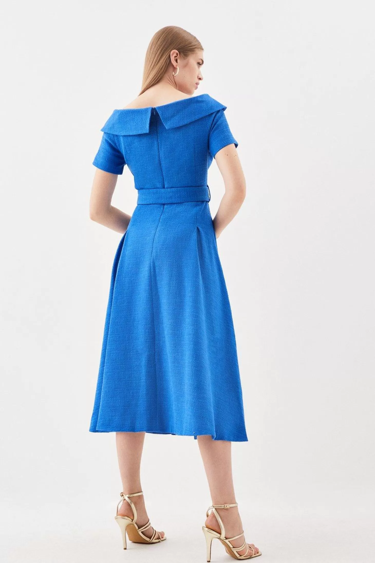 Karen Millen Tailored Turtleneck Tweed Off The Shoulder Belted Full Skirt Midi Dress