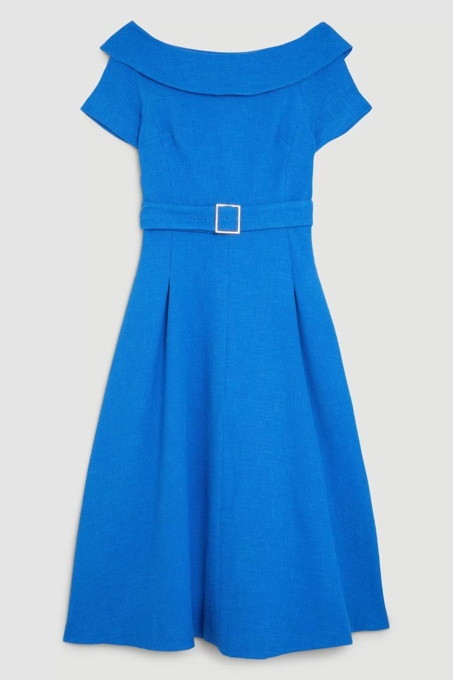 Karen Millen Tailored Turtleneck Tweed Off The Shoulder Belted Full Skirt Midi Dress