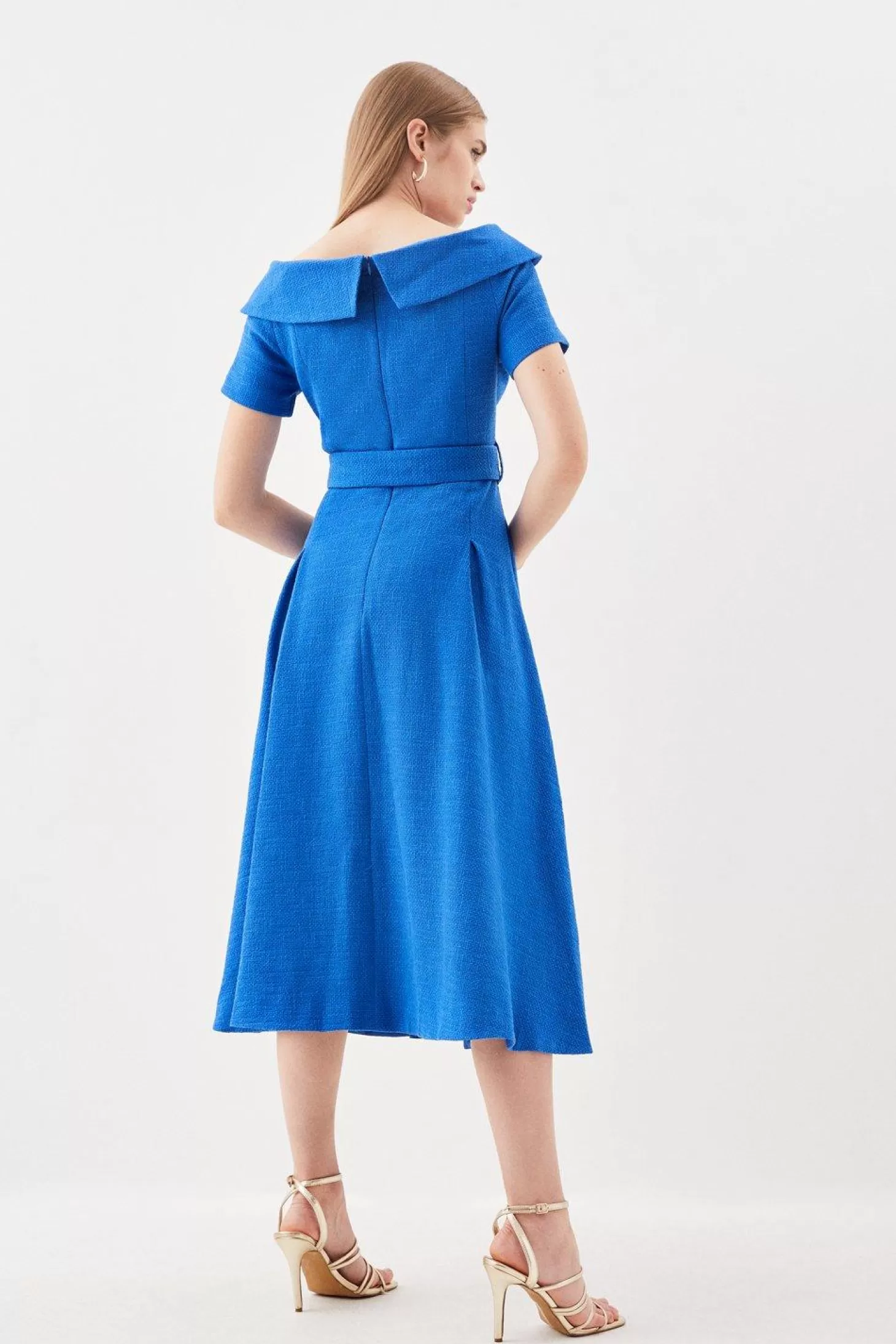 Karen Millen Tailored Turtleneck Tweed Off The Shoulder Belted Full Skirt Midi Dress