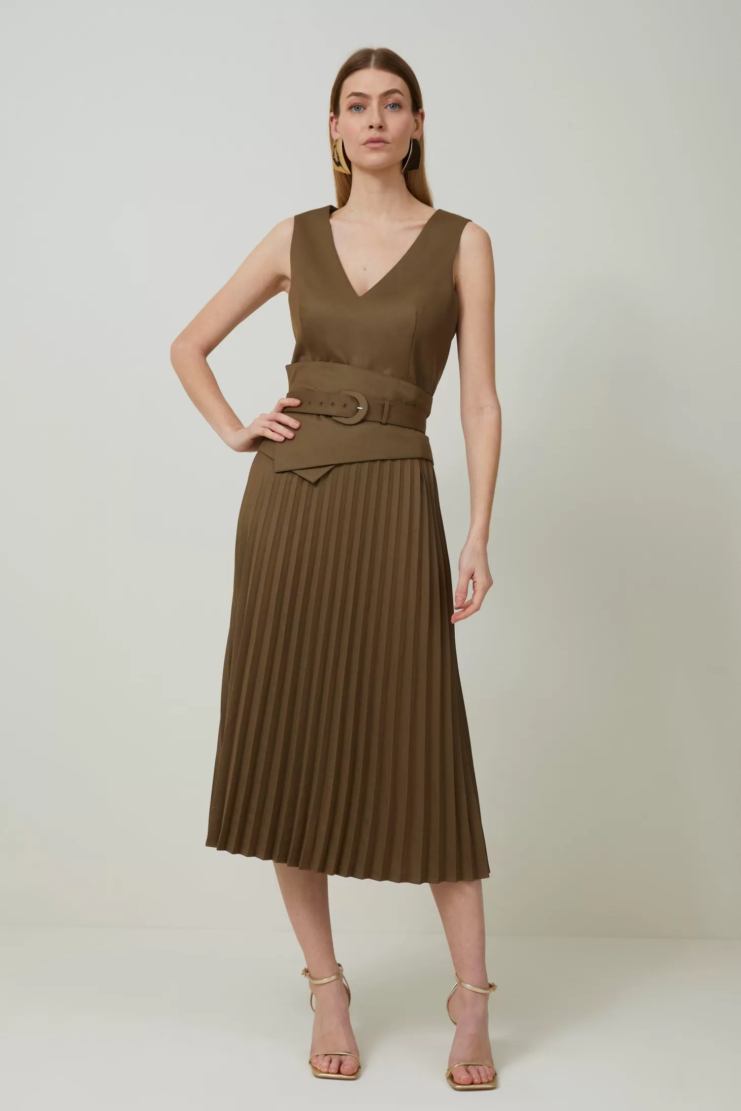 Karen Millen Tailored Wool Blend Belted Pleat Detail Midi Dress