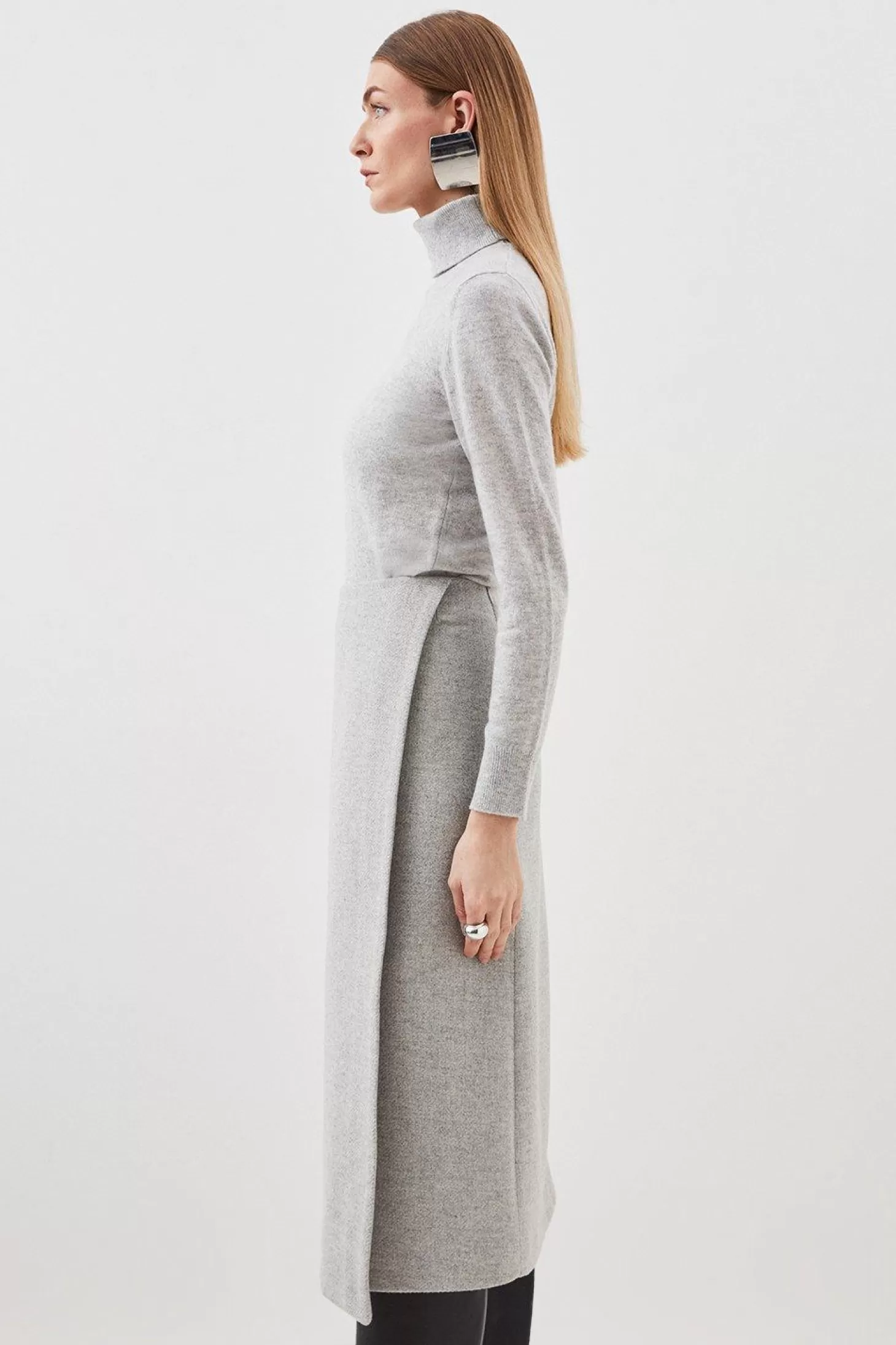Karen Millen Tailored Wool Blend Double Faced Wrap Detail Midi Skirt