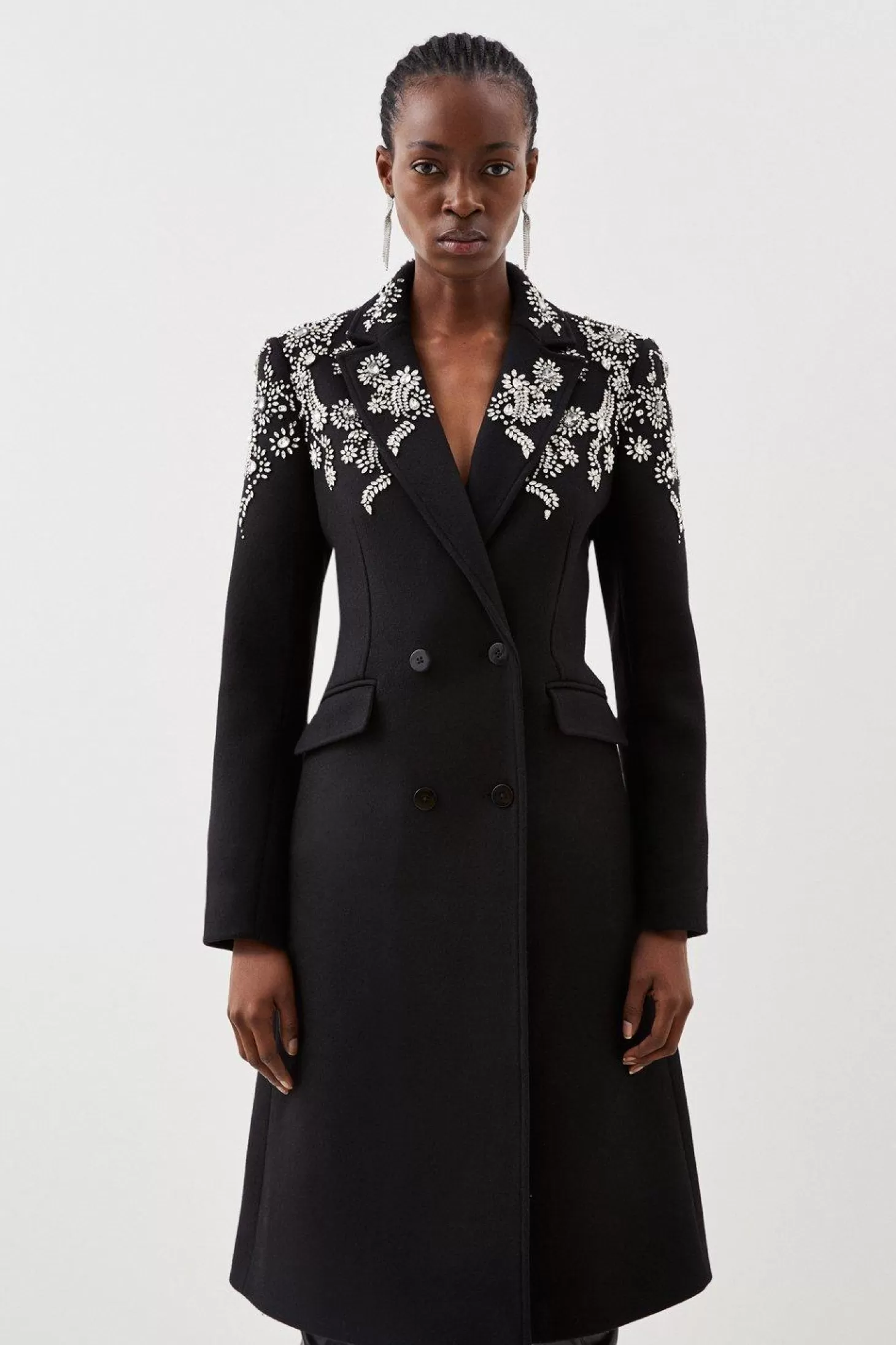 Karen Millen Tailored Wool Blend Embellished Double Breasted Coat