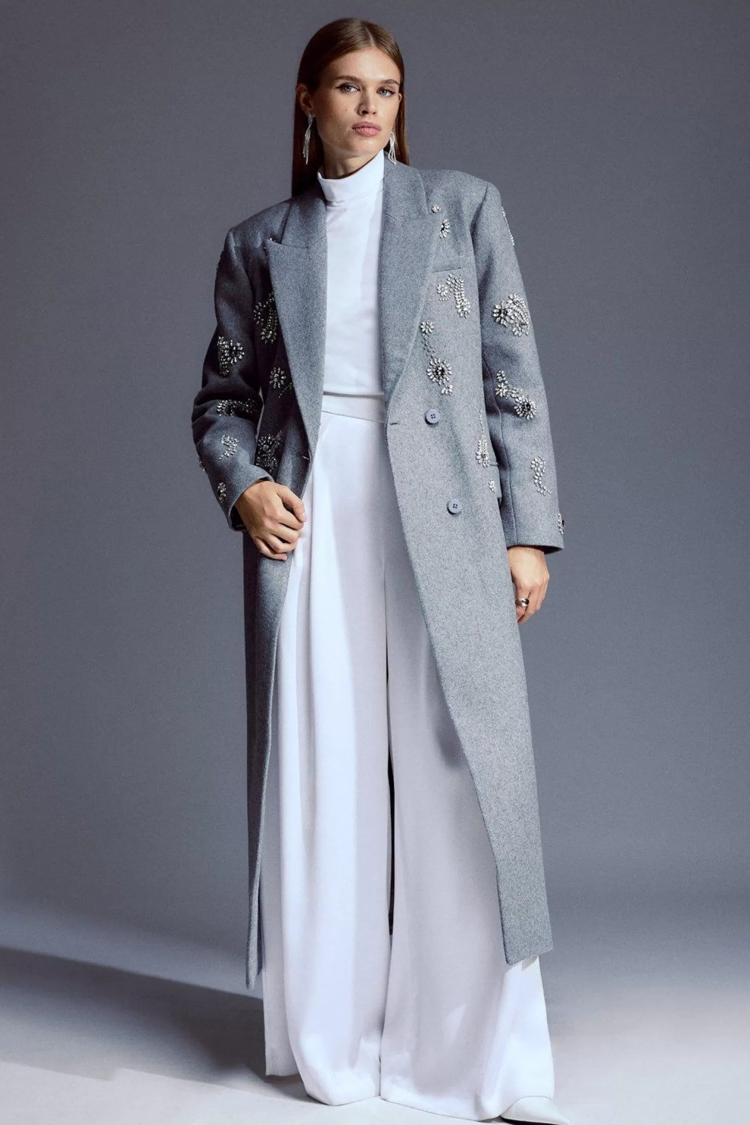 Karen Millen Tailored Wool Blend Embellished Maxi Coat