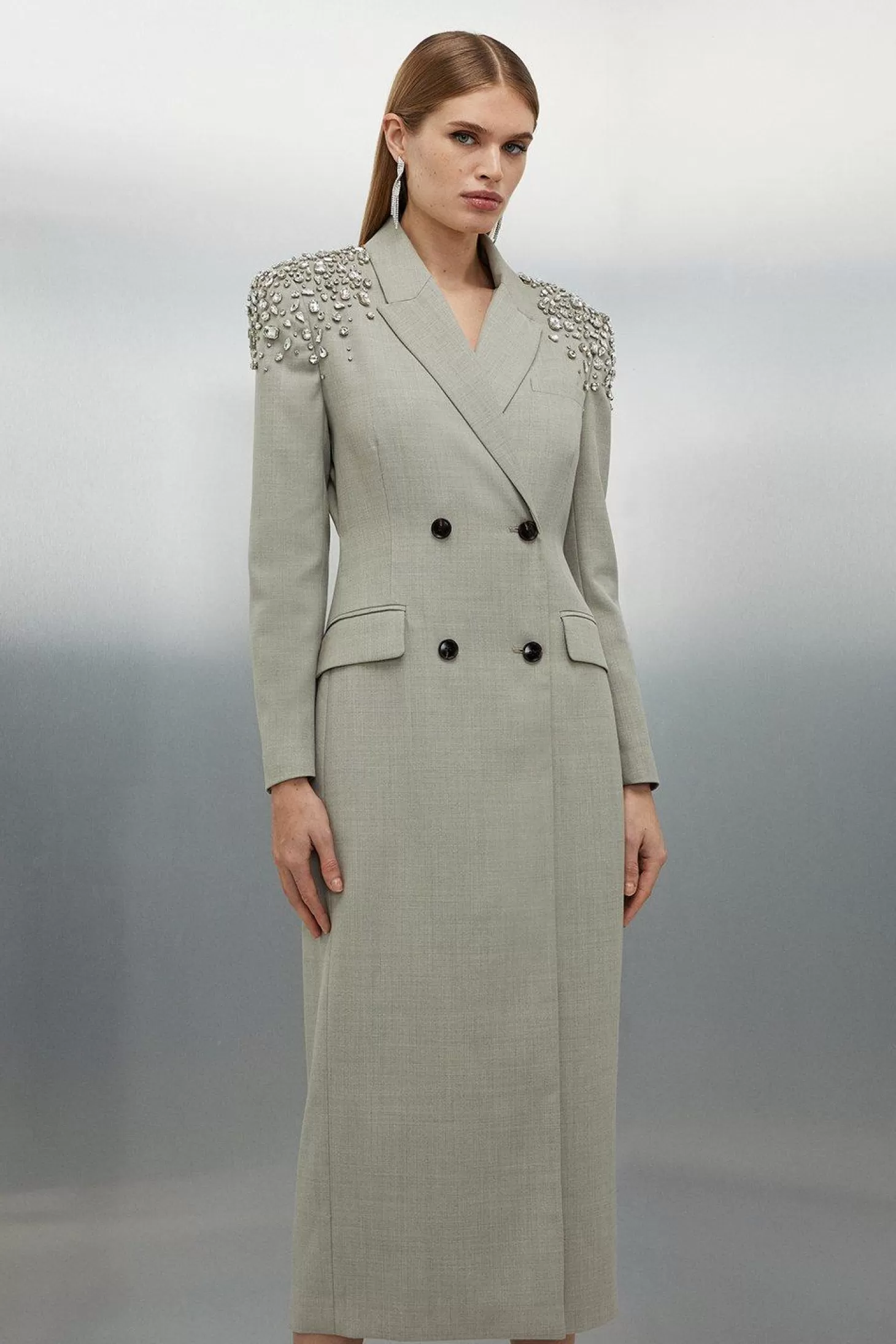 Karen Millen Tailored Wool Blend Embellished Open Back Detail Midi Blazer Dress