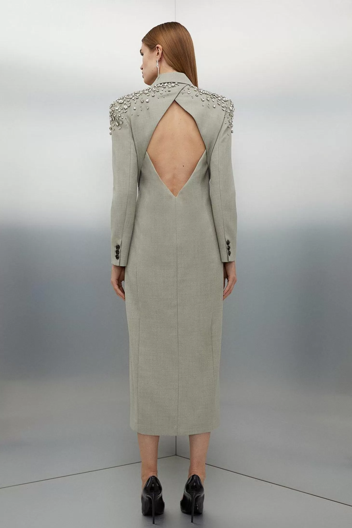 Karen Millen Tailored Wool Blend Embellished Open Back Detail Midi Blazer Dress
