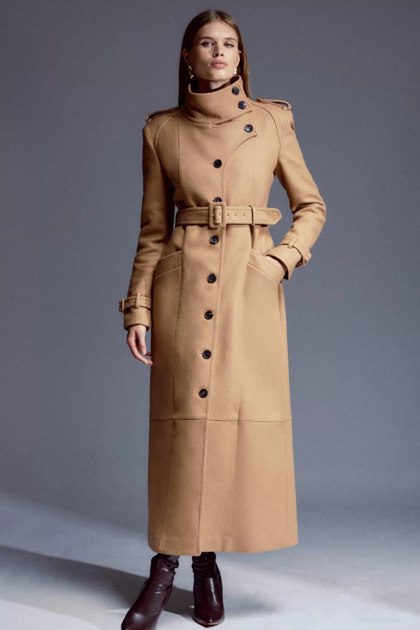 Karen Millen Tailored Wool Blend High Neck Belted Maxi Coat