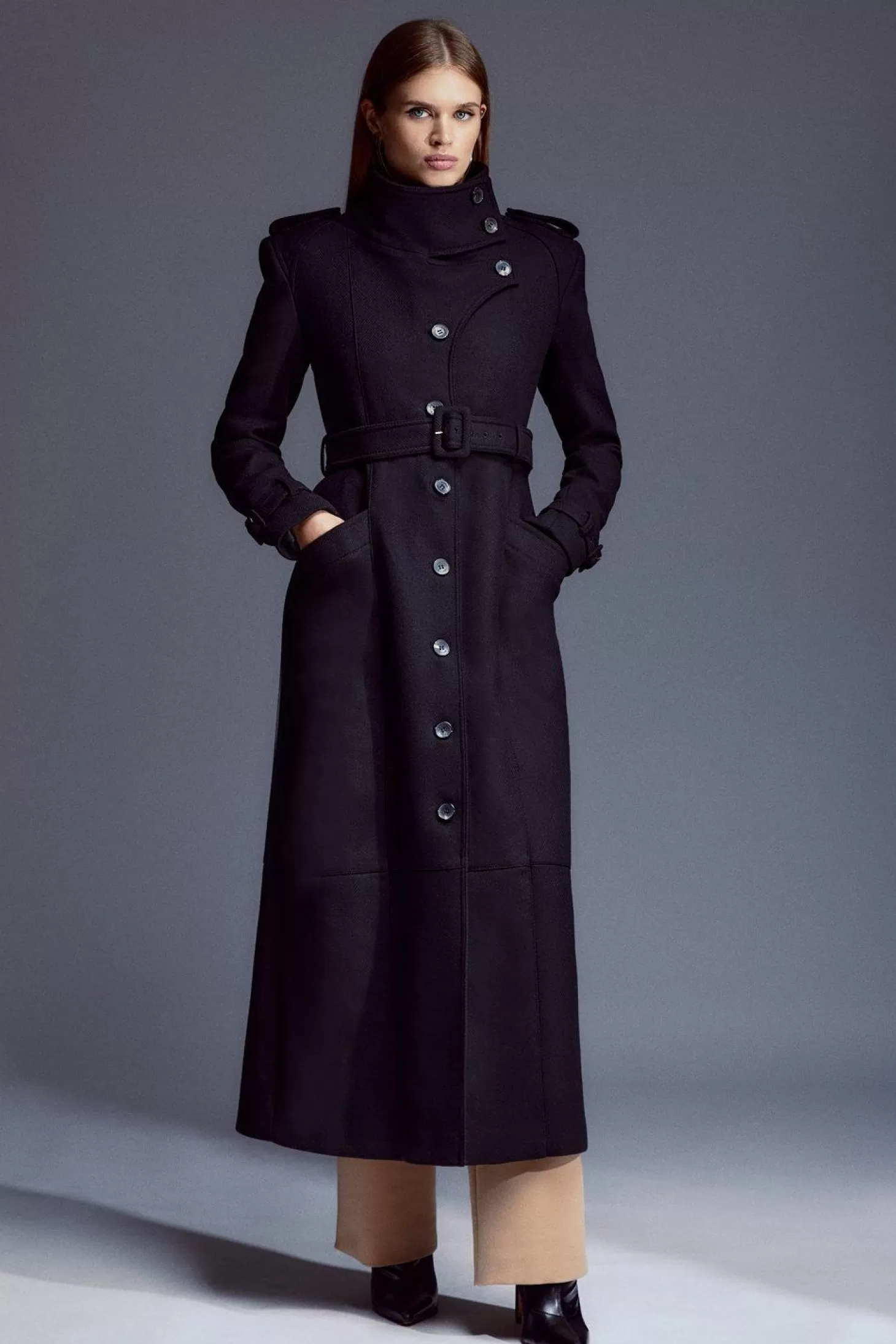 Karen Millen Tailored Wool Blend High Neck Belted Maxi Coat