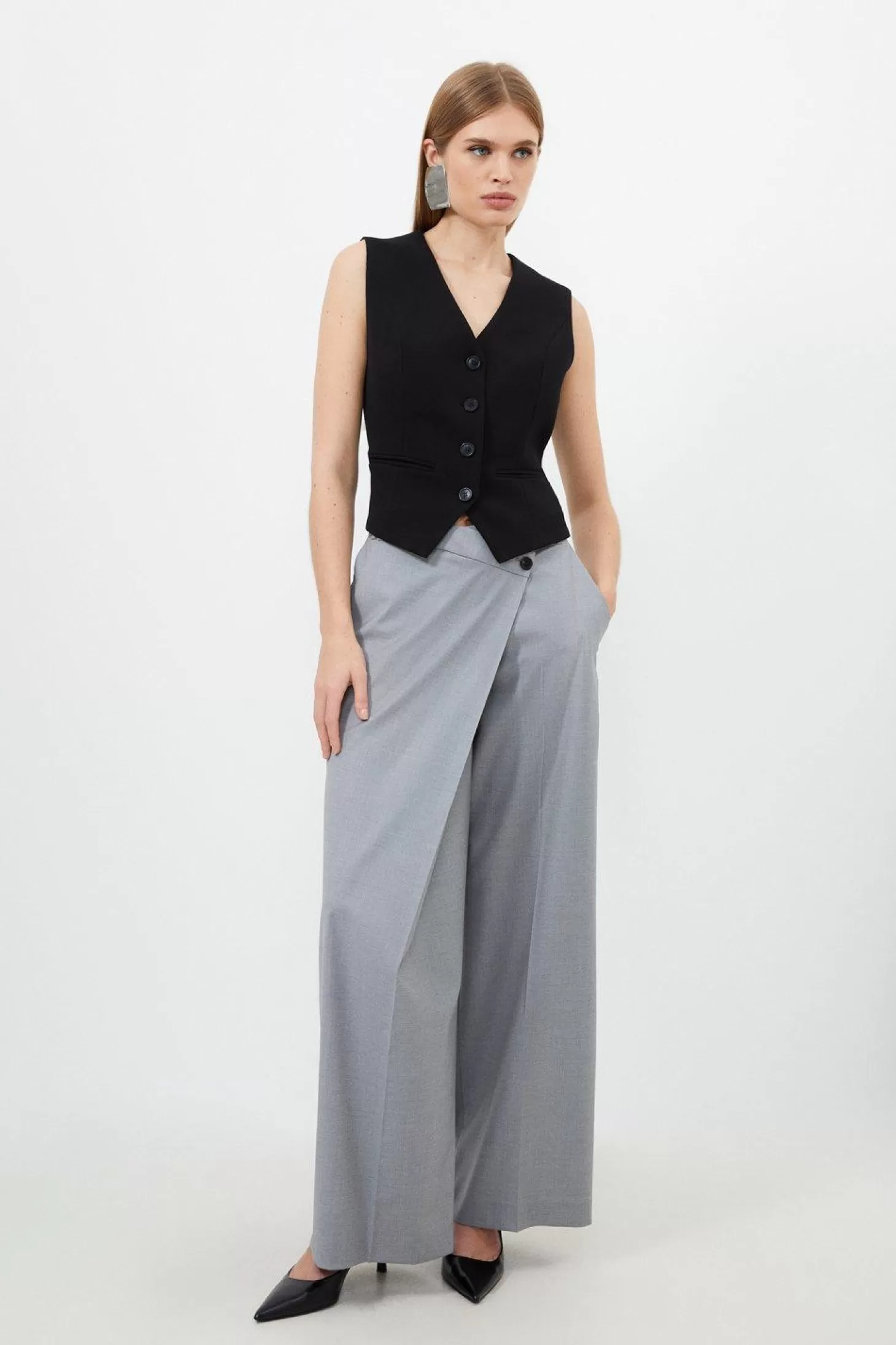 Karen Millen Tailored Wool Blend Wrap Detail Wide Leg Pants