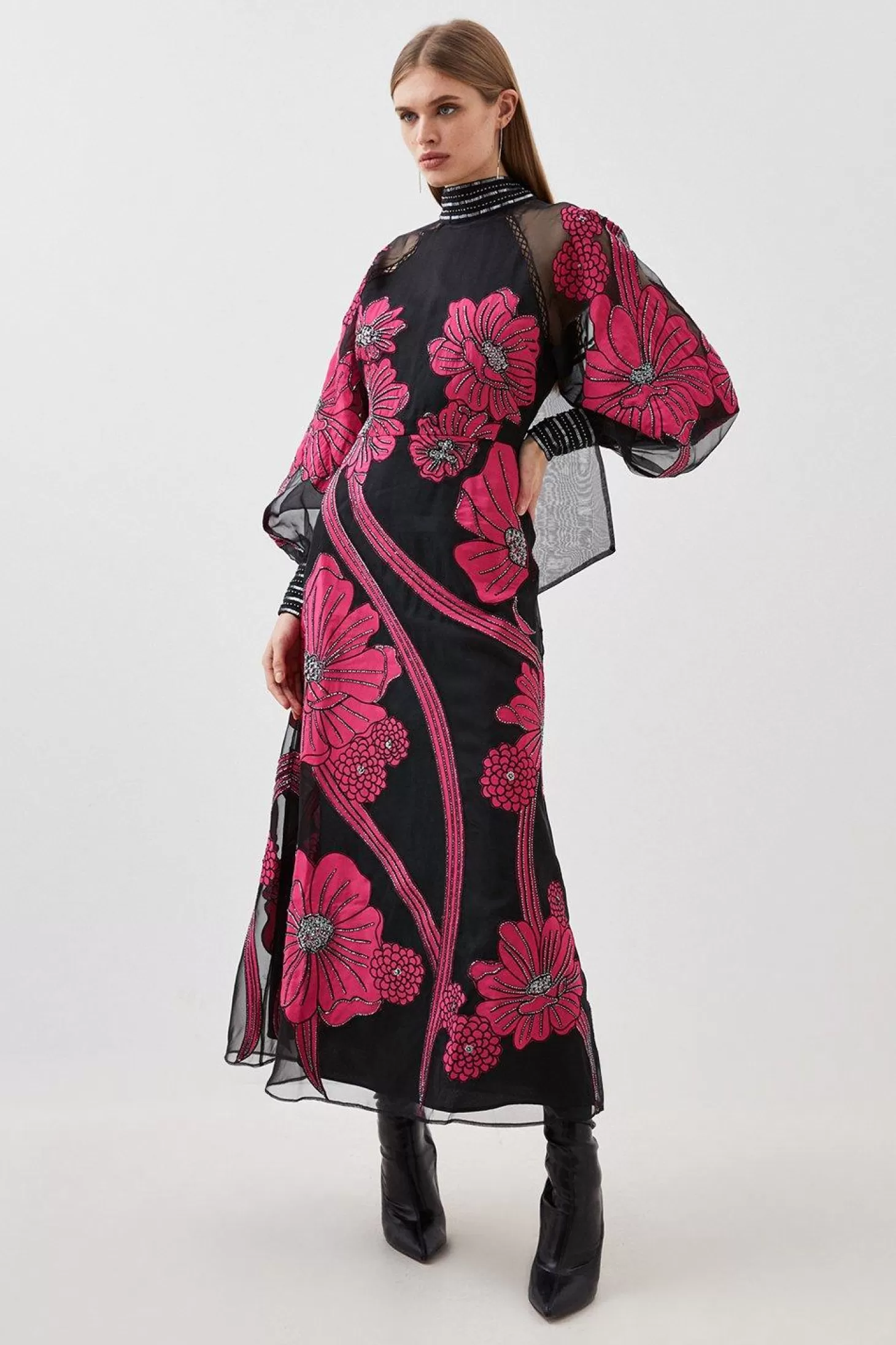 Karen Millen Tall Applique Organdie Floral Graphic Woven Maxi Dress