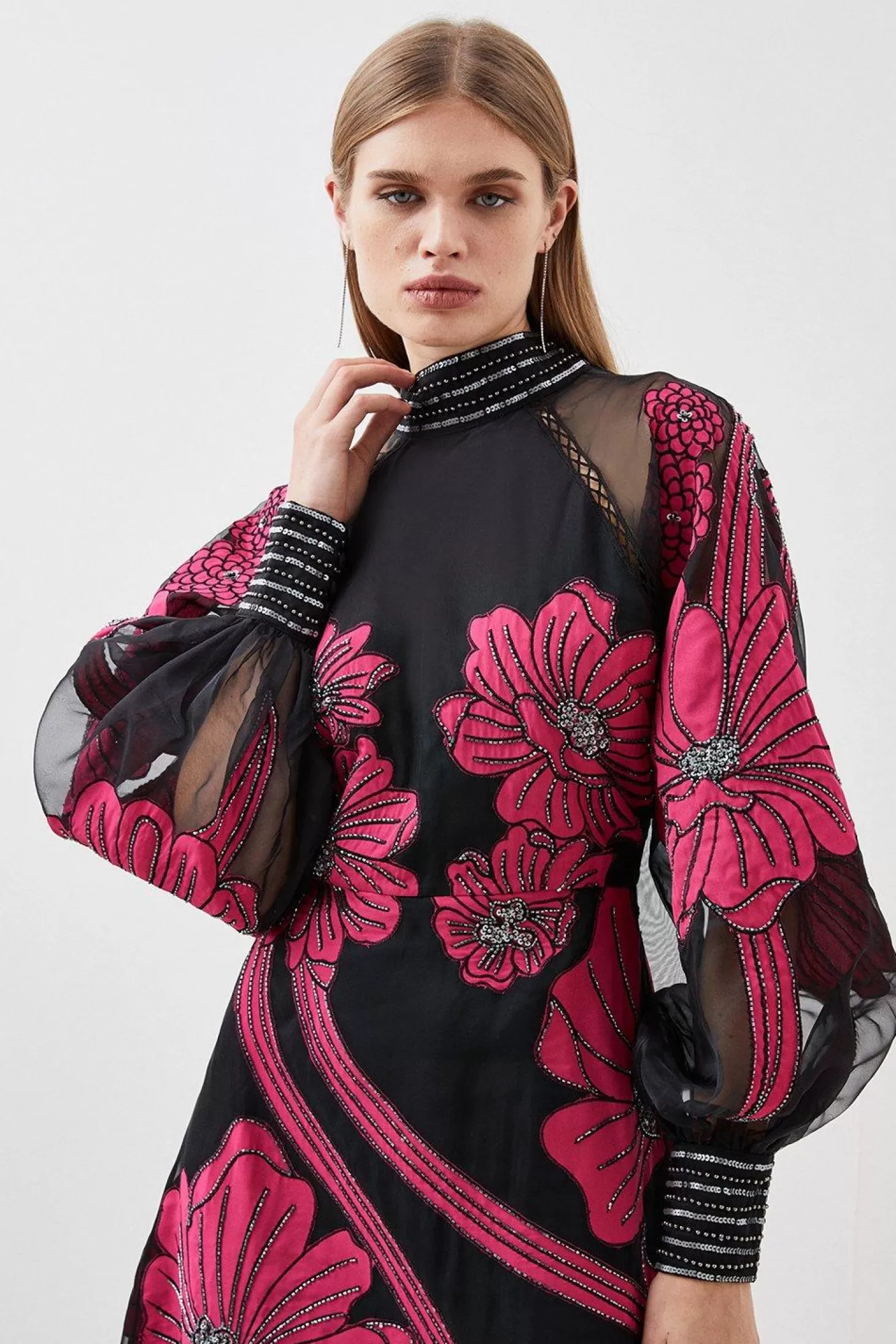 Karen Millen Tall Applique Organdie Floral Graphic Woven Maxi Dress