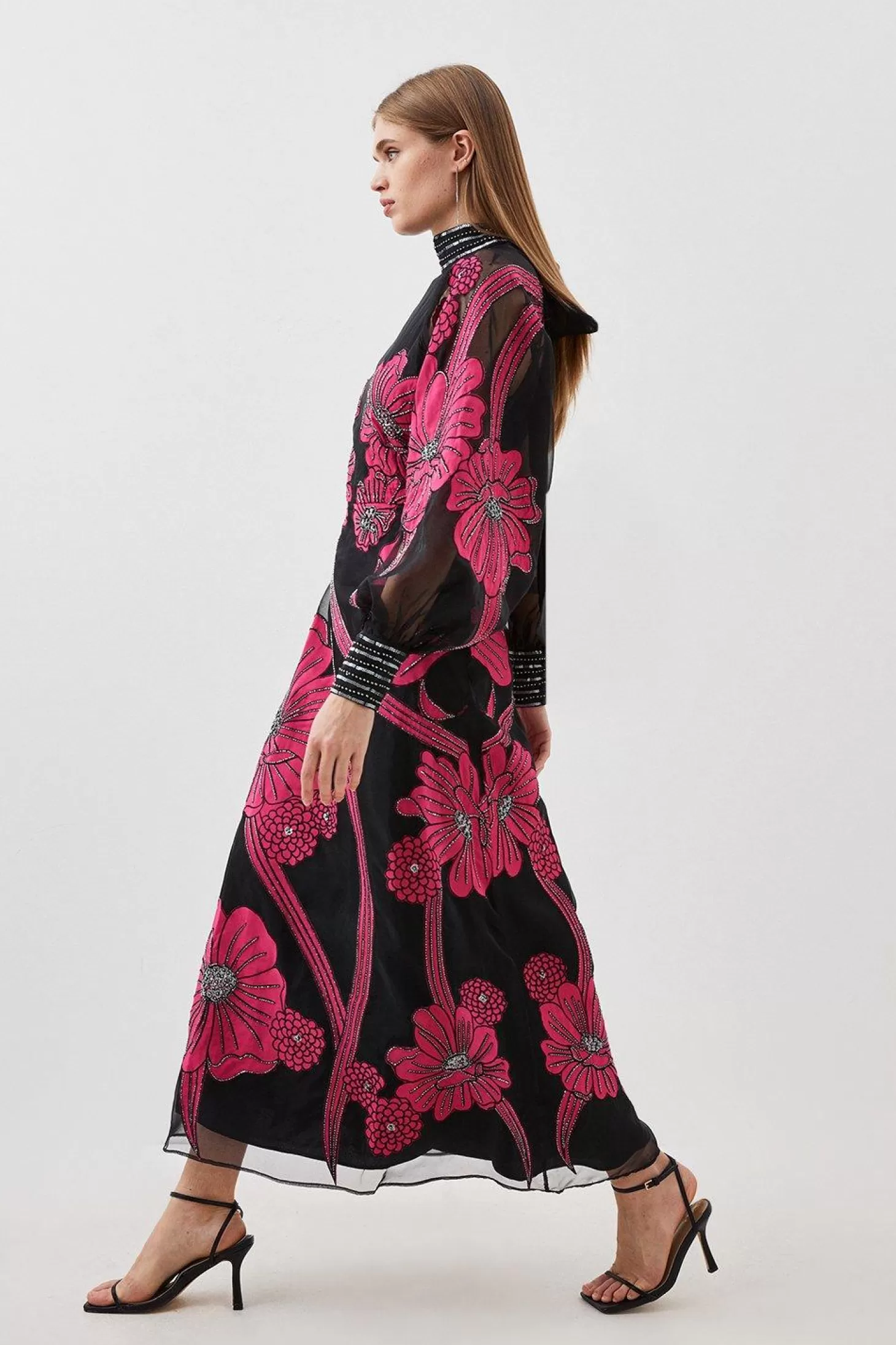 Karen Millen Tall Applique Organdie Floral Graphic Woven Maxi Dress