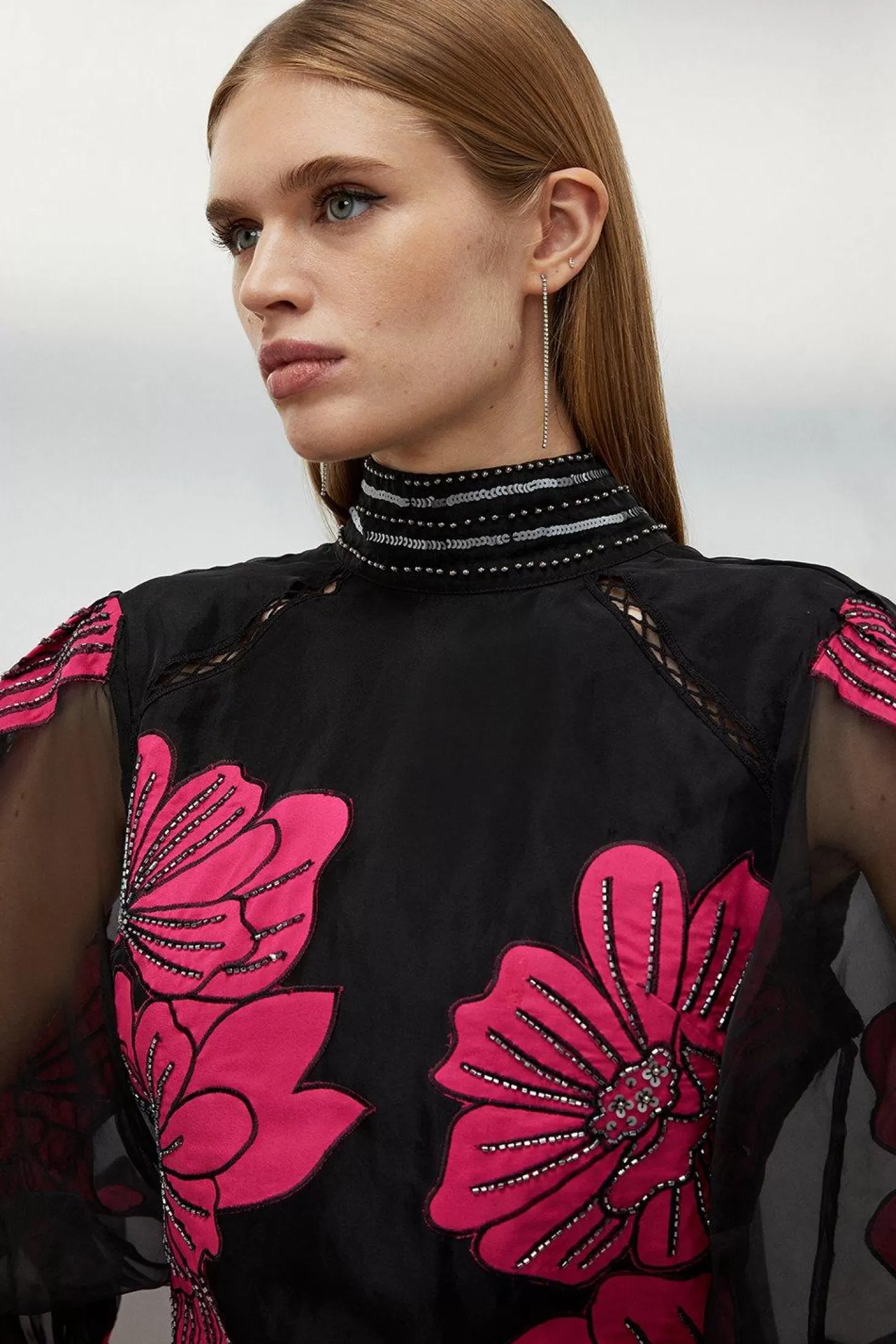 Karen Millen Tall Applique Organdie Floral Graphic Woven Mini Dress