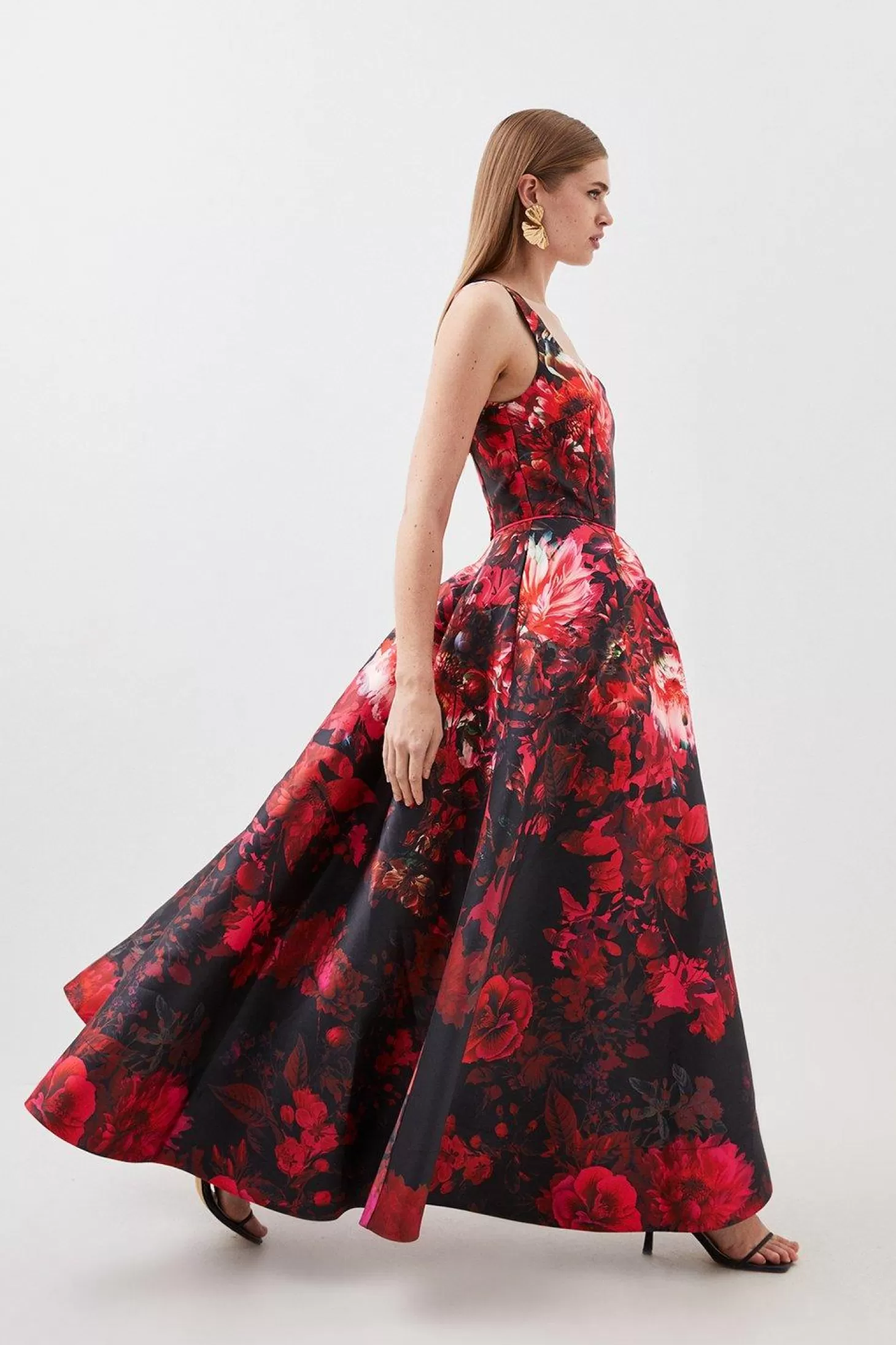 Karen Millen Tall Print Satin Twill Woven Strappy Maxi Prom Dress