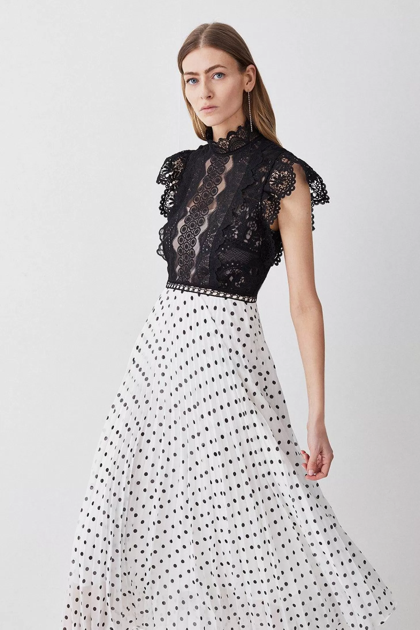 Karen Millen Tall Guipure Lace Dot Pleated Skirt Midi Dress