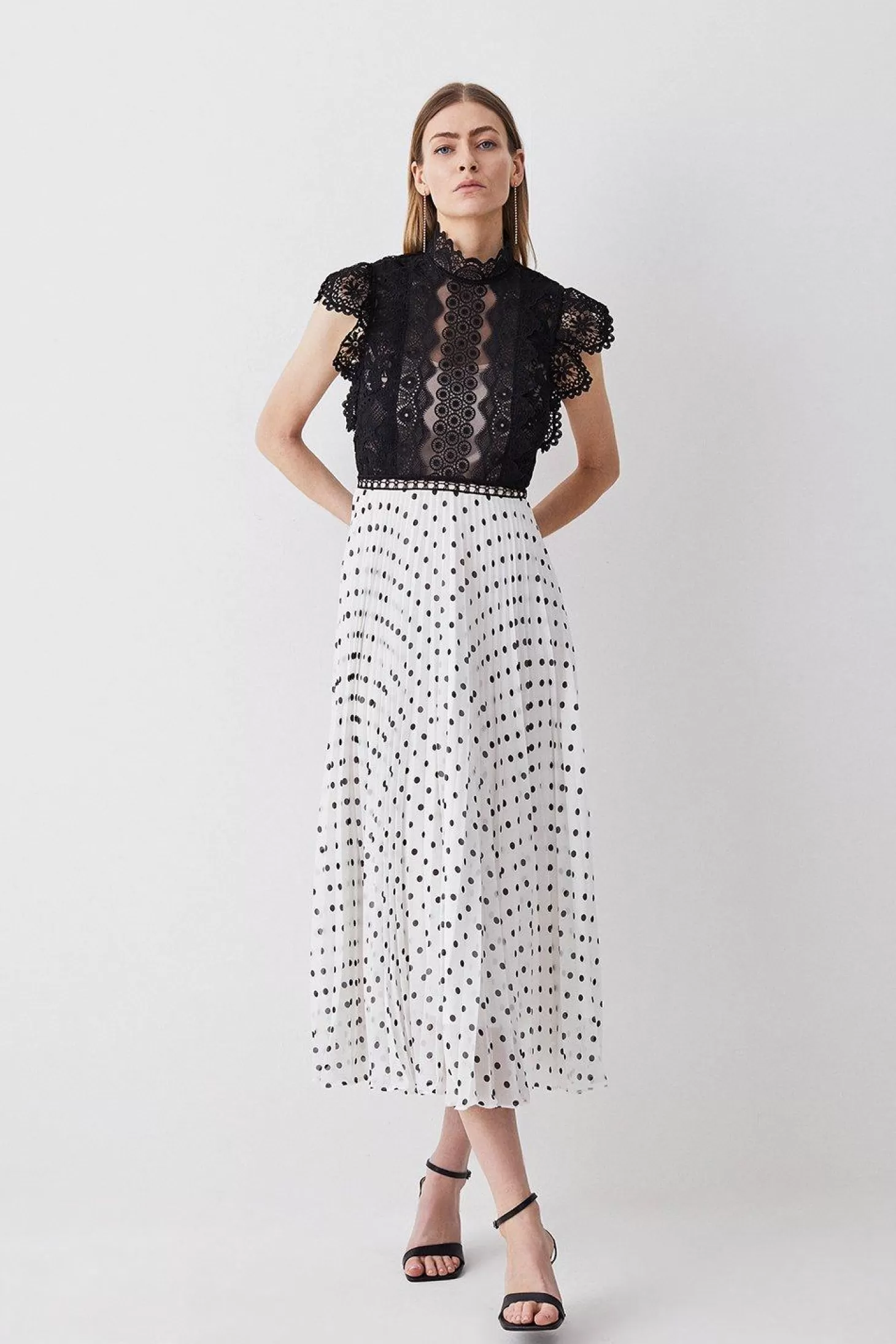 Karen Millen Tall Guipure Lace Dot Pleated Skirt Midi Dress