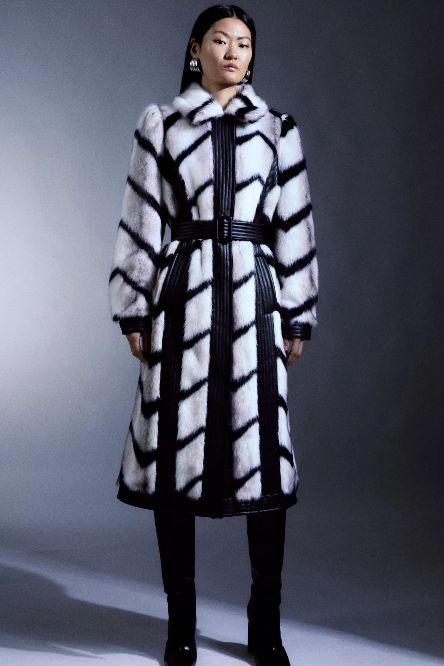 Karen Millen Tall Panelled Stripe Faux Fur Pu Belted Long Coat