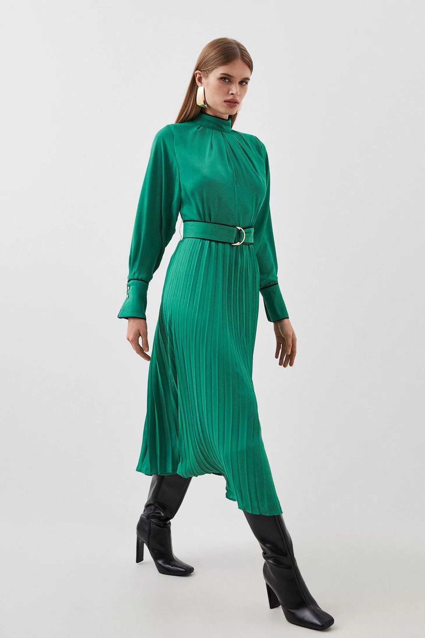 Karen Millen Tall Piping Detail Pleated Georgette Woven Maxi Dress