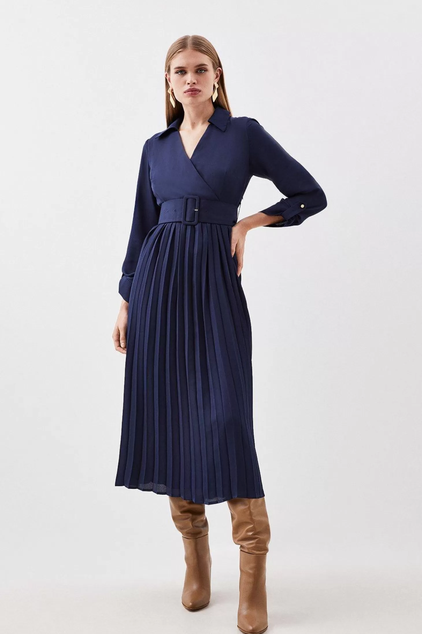 Karen Millen Tall Pleated Georgette Belted Woven Maxi Dress