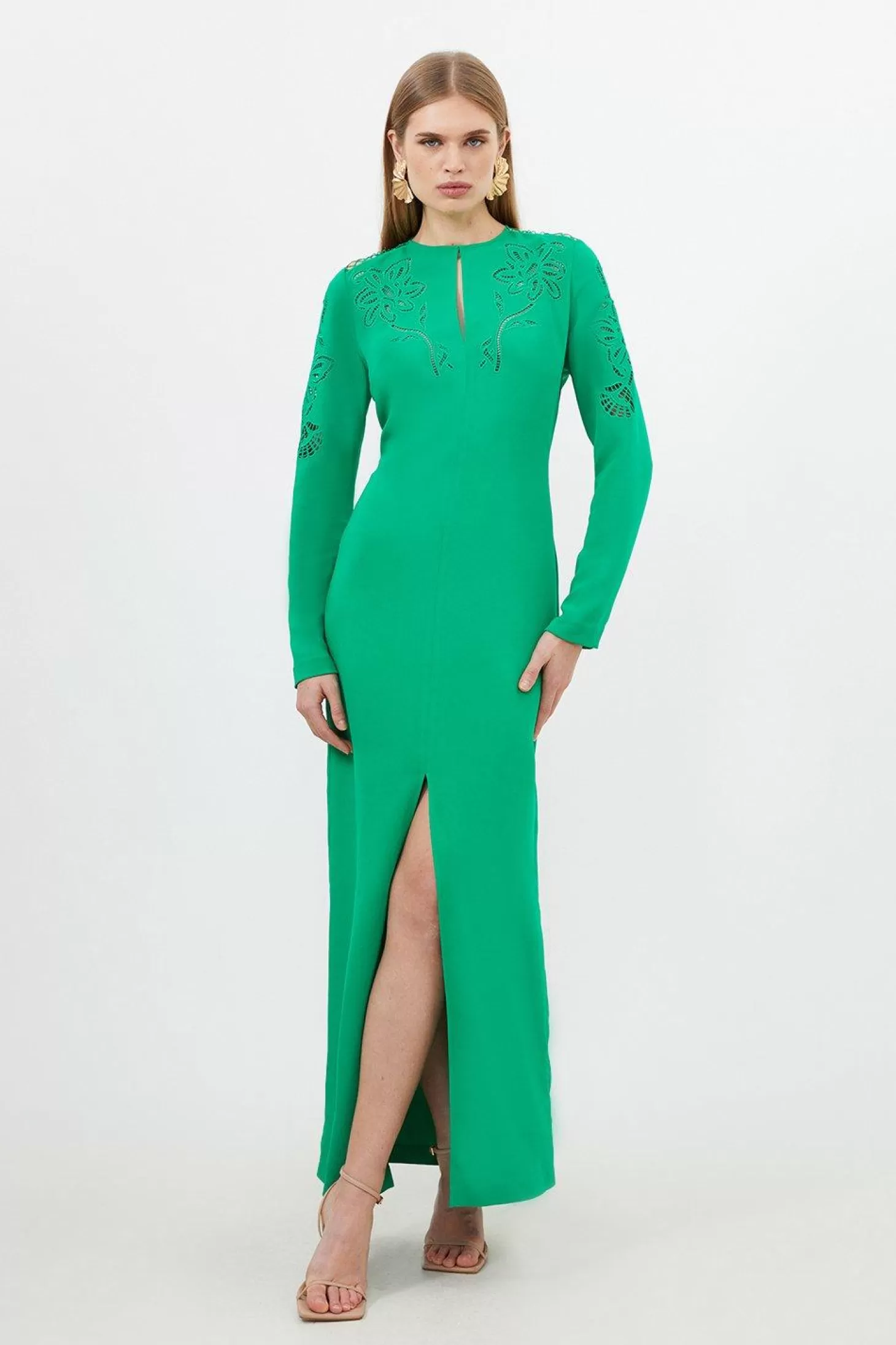 Karen Millen Tall Premium Cady Cutwork Long Sleeve Woven Maxi Dress